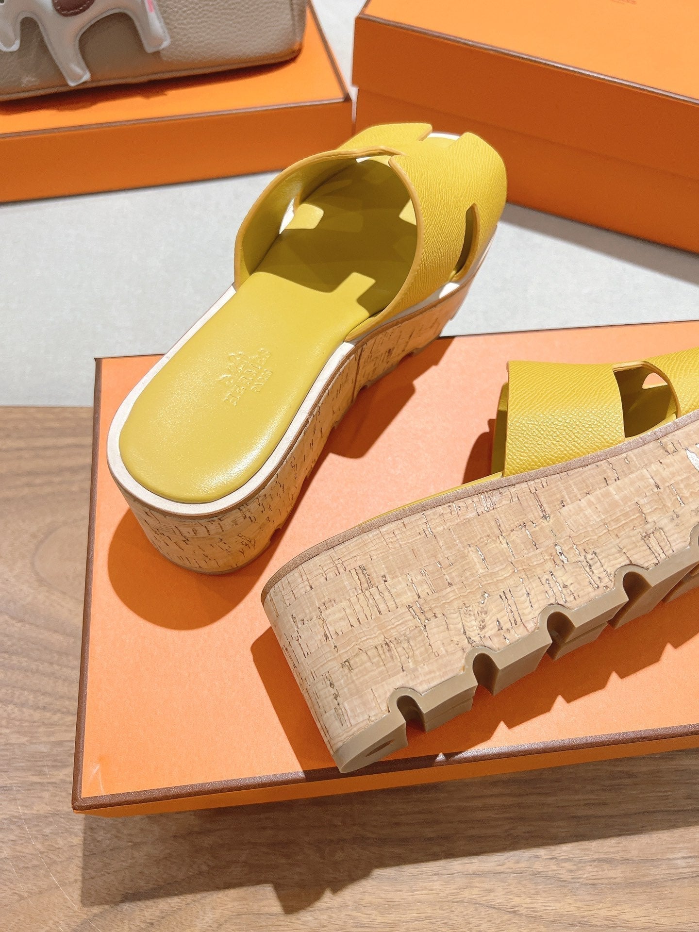 HERMES 25S HIGH WEDGE SANDALS IN DARK YELLOW LAMBSKIN STYLE 27