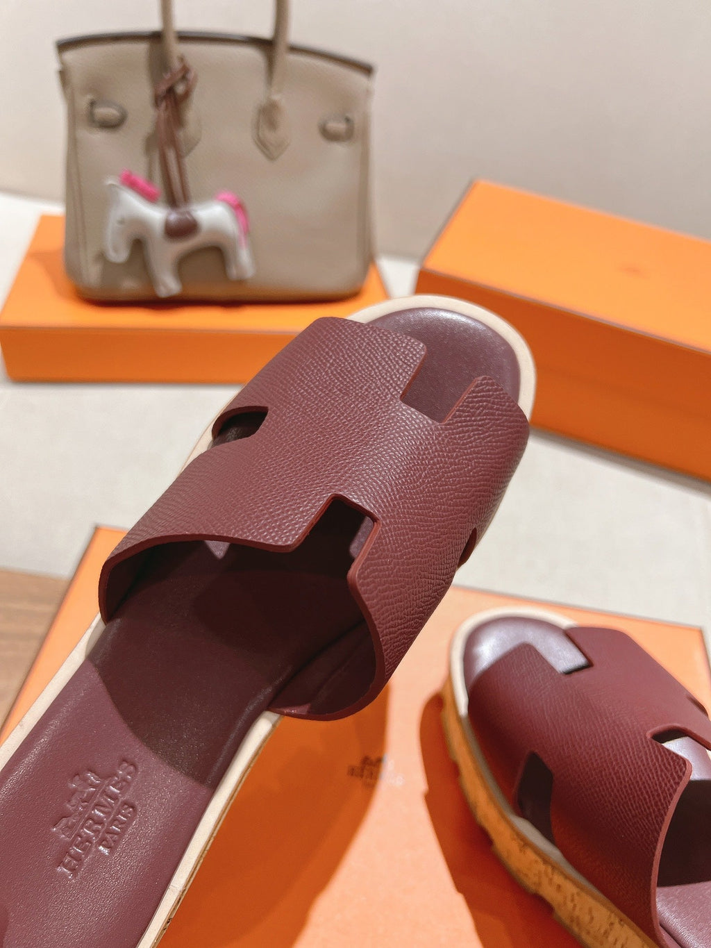 HERMES 25S HIGH WEDGE SANDALS IN RICH WINE RED LAMBSKIN STYLE 21