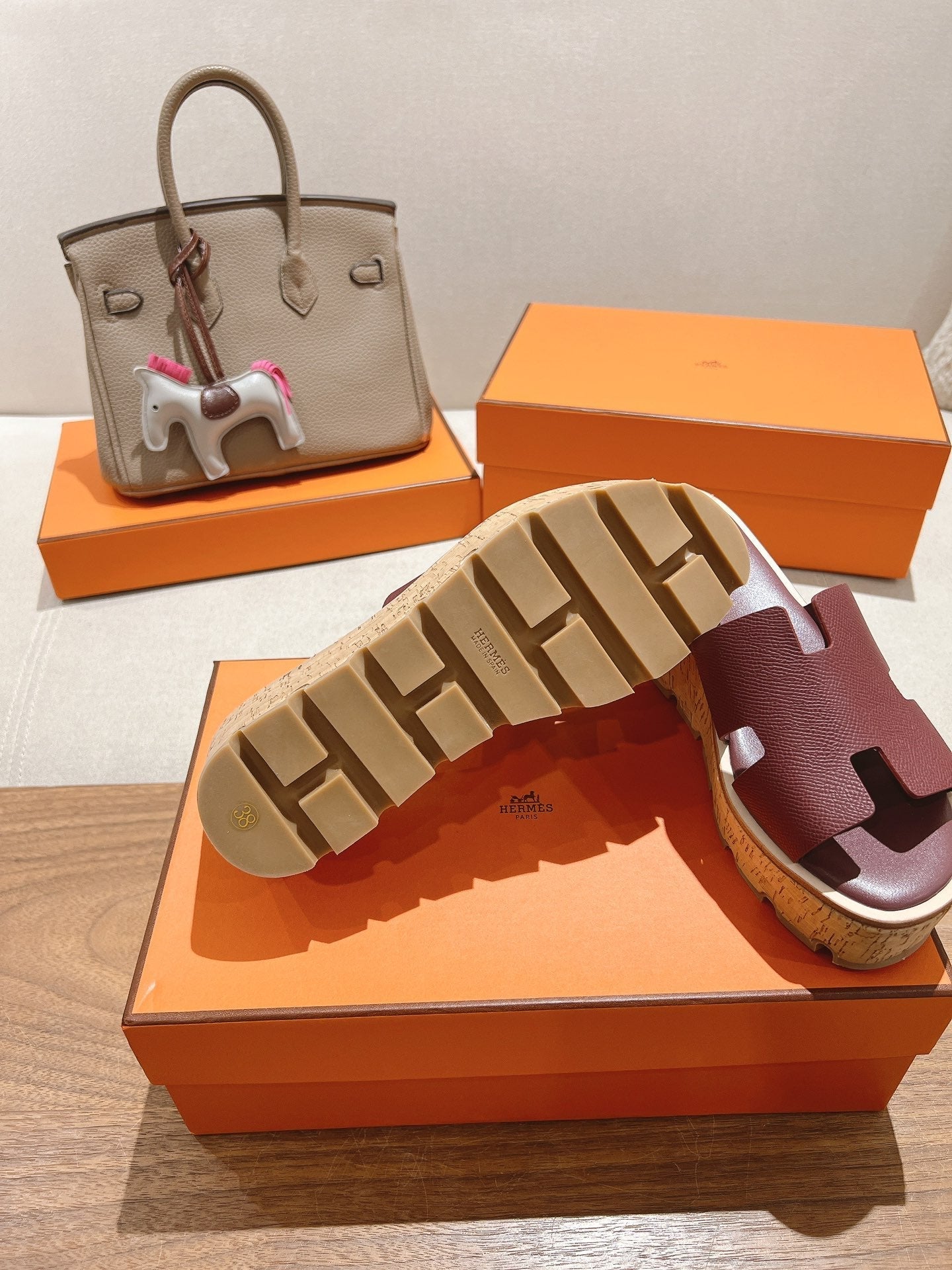 HERMES 25S HIGH WEDGE SANDALS IN RICH WINE RED LAMBSKIN STYLE 21