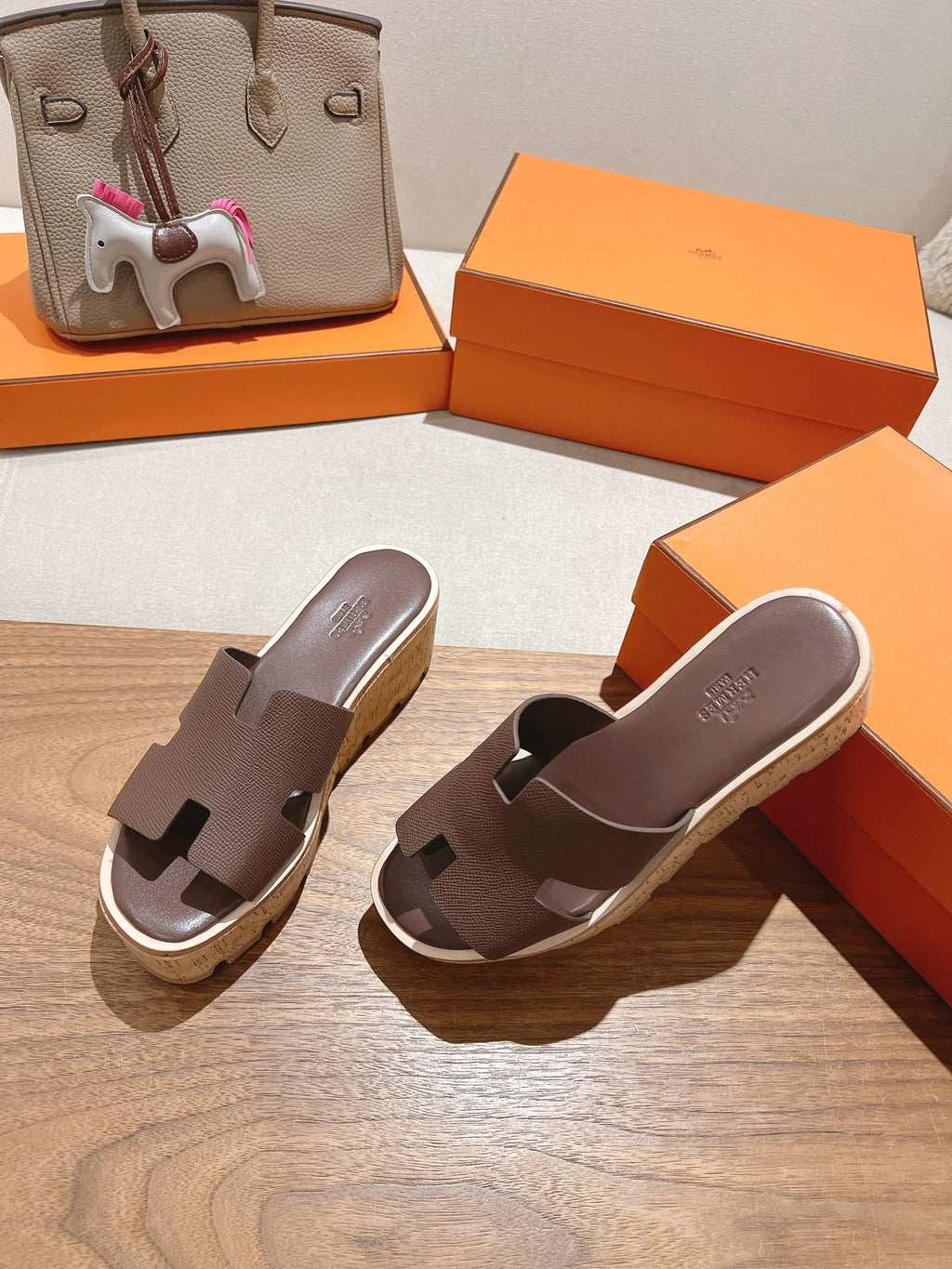 HERMES 25S HIGH WEDGE SANDALS IN DUSTY ROSE BROWN LAMBSKIN STYLE 19