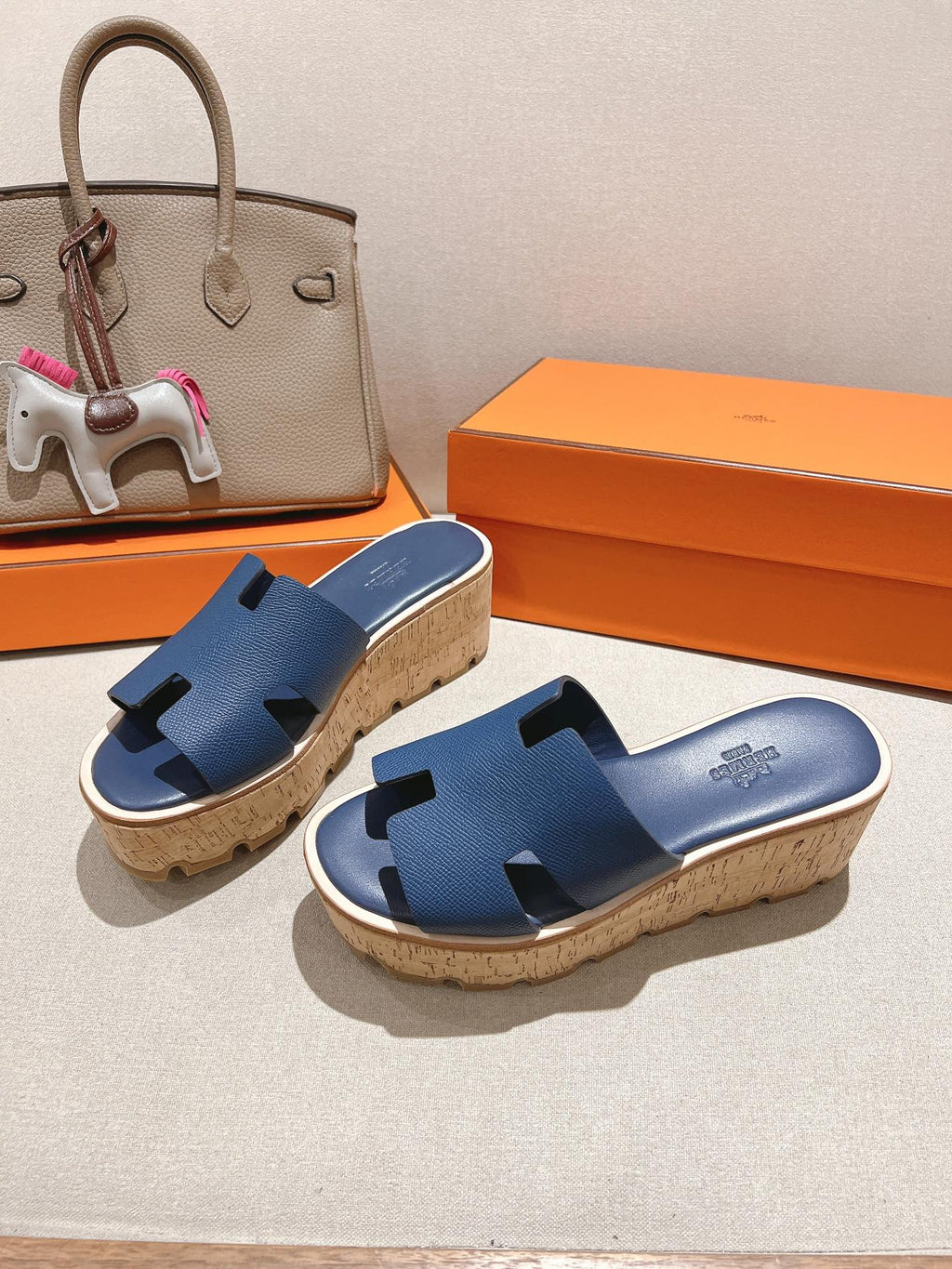 HERMES 25S HIGH WEDGE SANDALS IN DARK STEEL BLUE LAMBSKIN STYLE 18