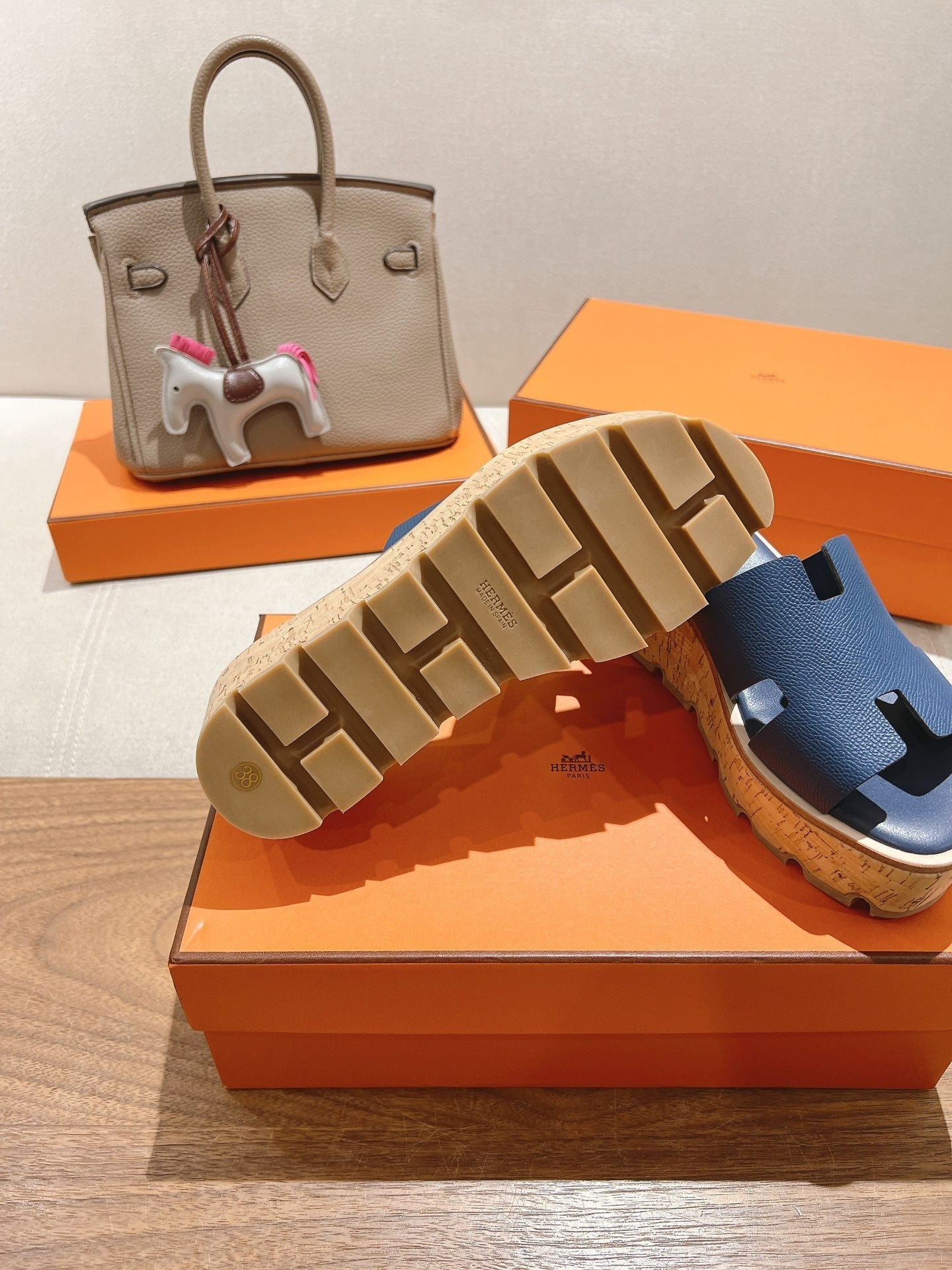 HERMES 25S HIGH WEDGE SANDALS IN DARK STEEL BLUE LAMBSKIN STYLE 18
