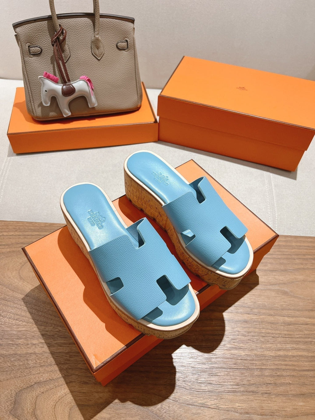 HERMES 25S HIGH WEDGE SANDALS IN SKY BLUE LAMBSKIN STYLE 8