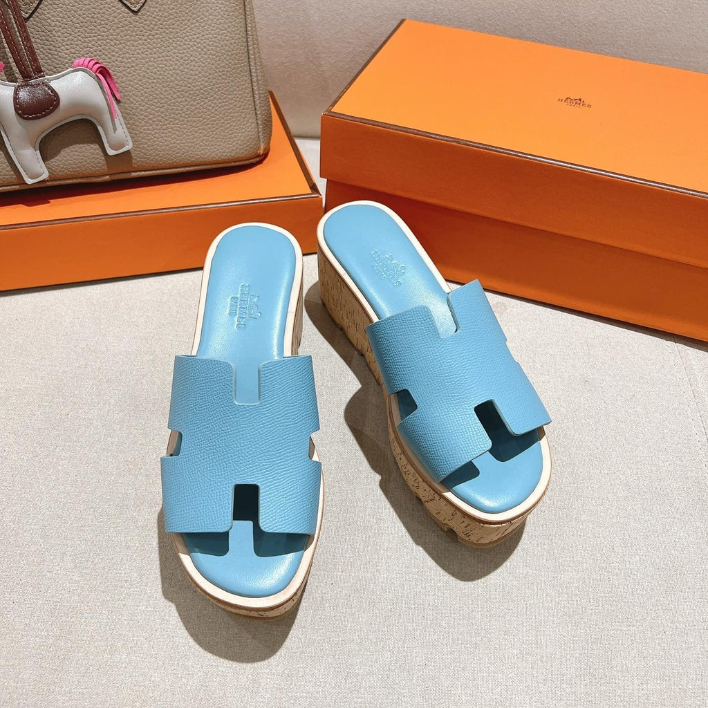 HERMES 25S HIGH WEDGE SANDALS IN SKY BLUE LAMBSKIN STYLE 8