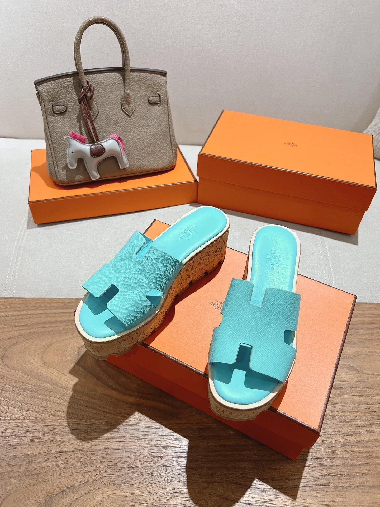 HERMES 25S HIGH WEDGE SANDALS IN LIGHT MINT BLUE LAMBSKIN STYLE 5