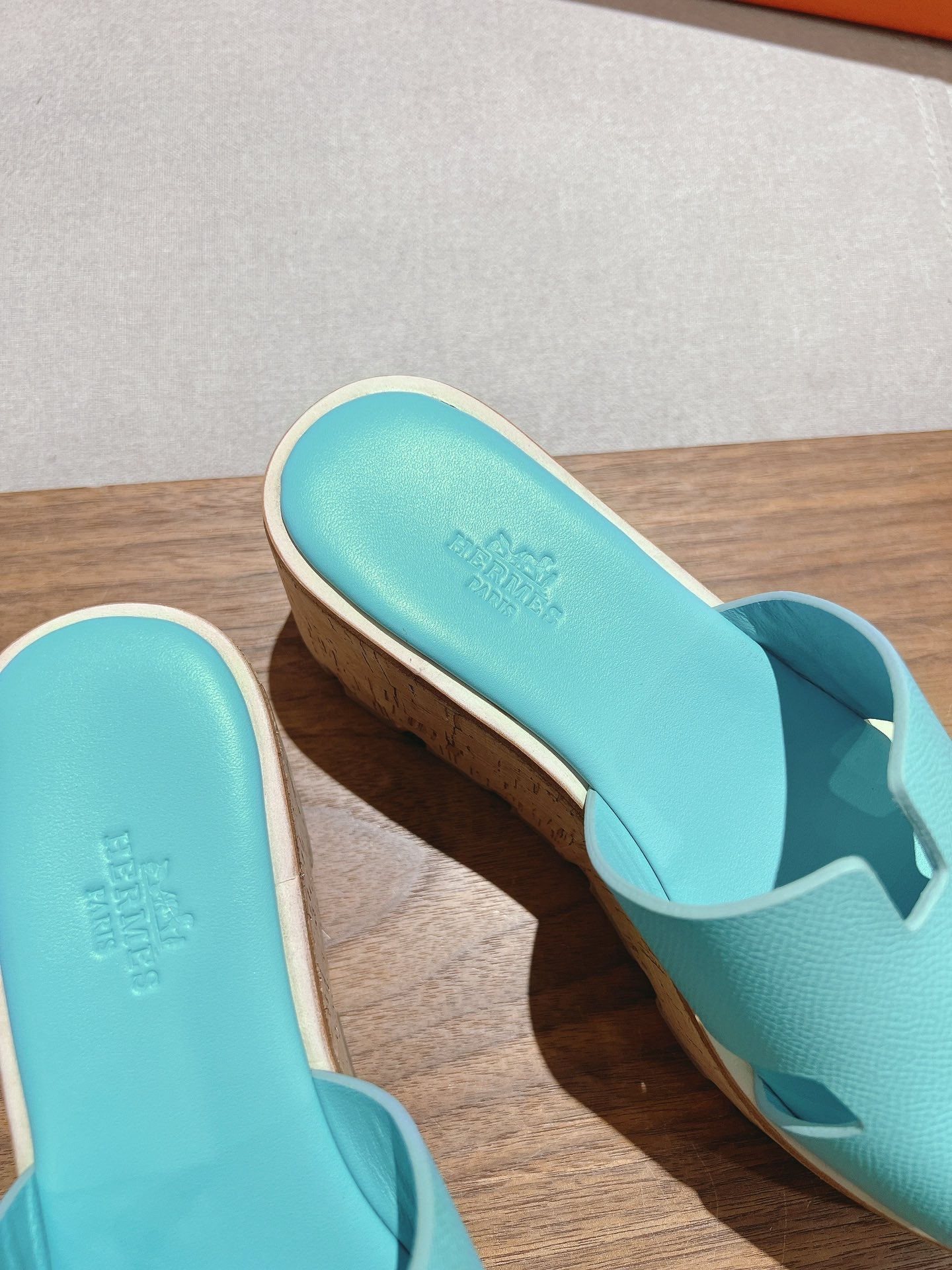 HERMES 25S HIGH WEDGE SANDALS IN LIGHT MINT BLUE LAMBSKIN STYLE 5