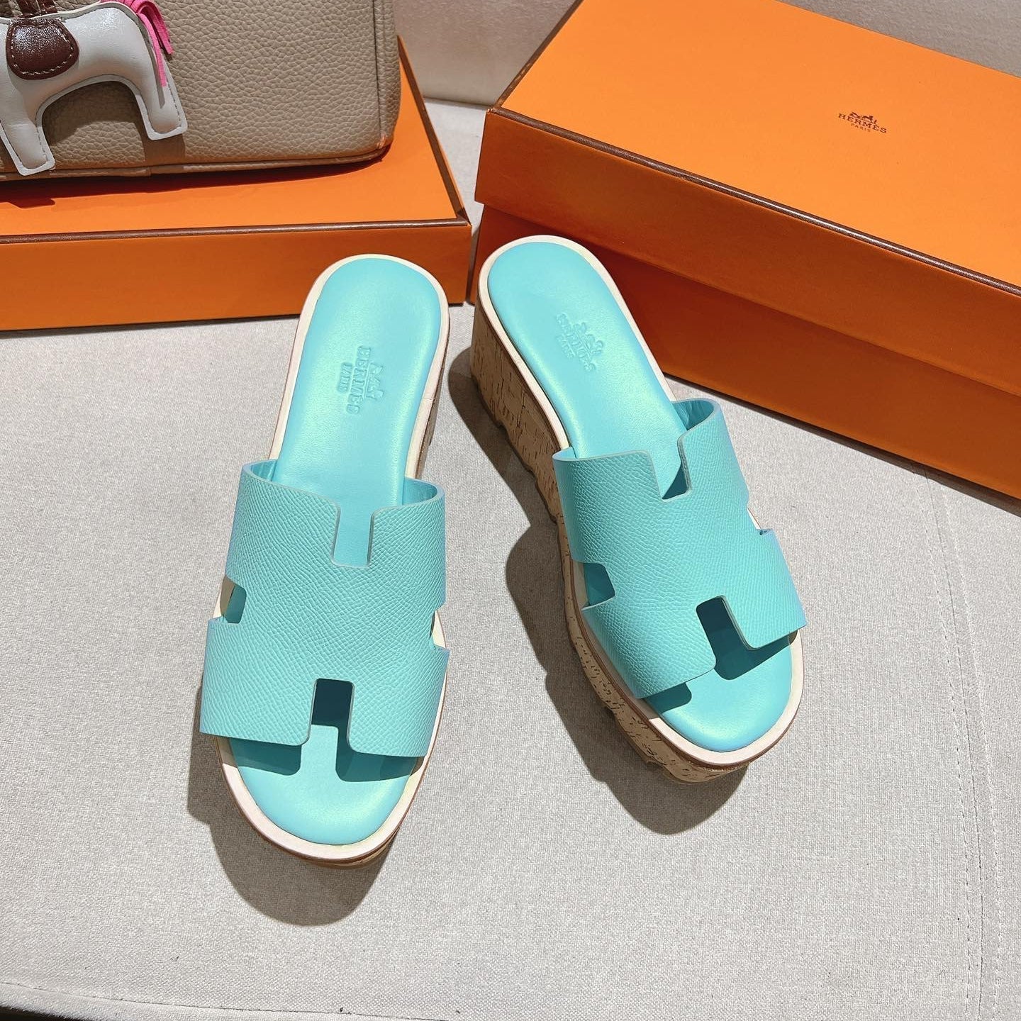 HERMES 25S HIGH WEDGE SANDALS IN LIGHT MINT BLUE LAMBSKIN STYLE 5