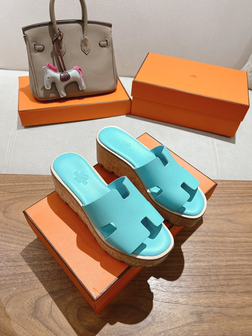 HERMES 25S HIGH WEDGE SANDALS IN LIGHT MINT BLUE LAMBSKIN STYLE 5