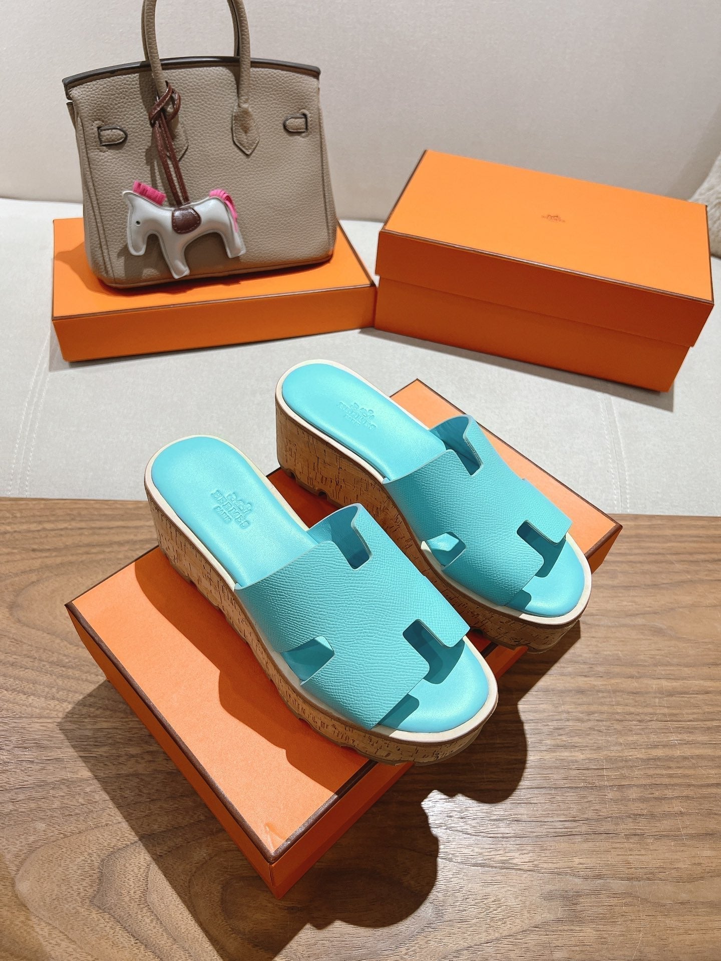 HERMES 25S HIGH WEDGE SANDALS IN LIGHT MINT BLUE LAMBSKIN STYLE 5