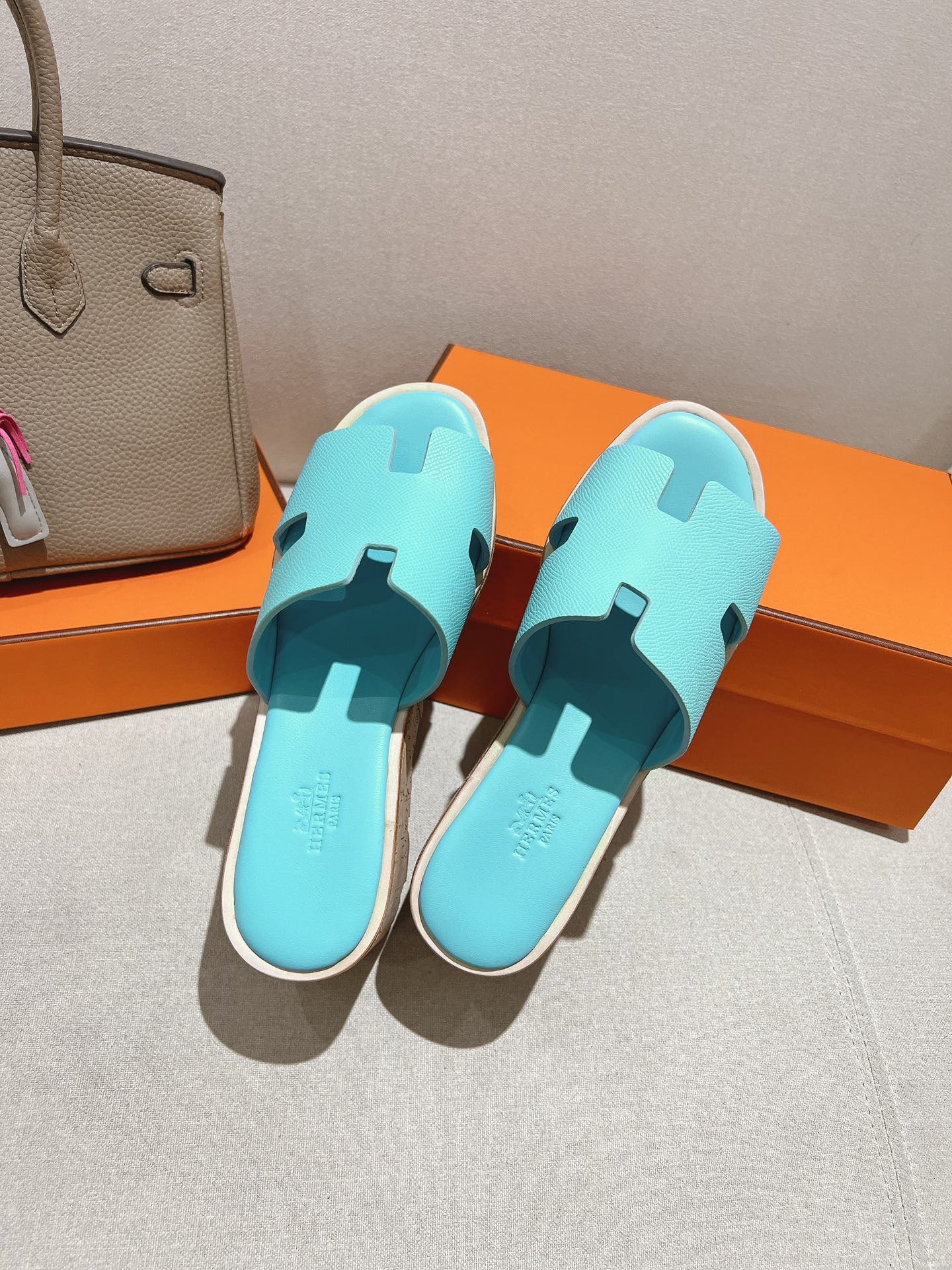 HERMES 25S HIGH WEDGE SANDALS IN LIGHT MINT BLUE LAMBSKIN STYLE 5