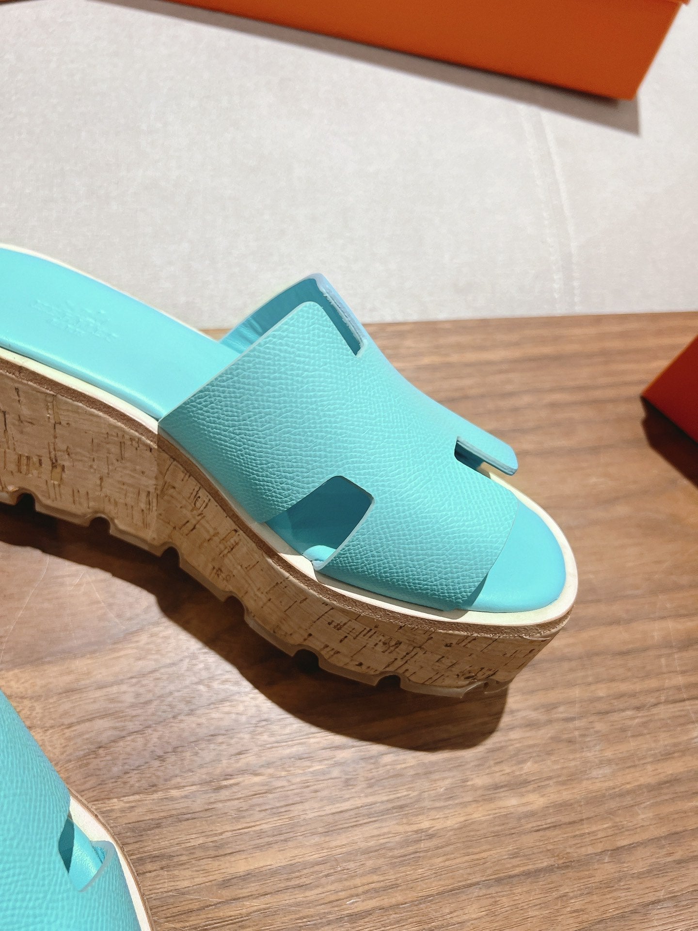 HERMES 25S HIGH WEDGE SANDALS IN LIGHT MINT BLUE LAMBSKIN STYLE 5