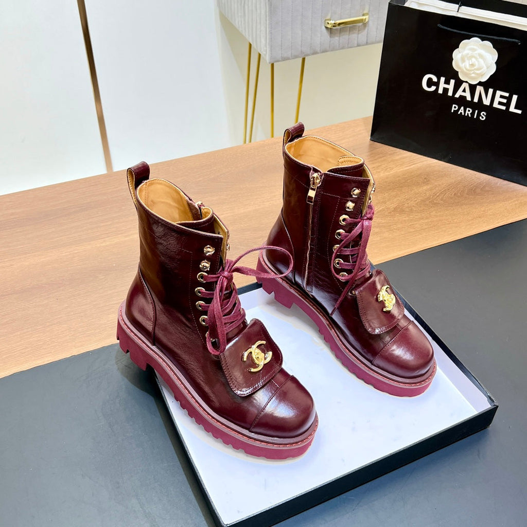 CHANEL 25S HIGH ANKLE BOOTS WITH ZIPPER IN BURGUNDY BROWN CALFSKIN GOLD HARDWARE