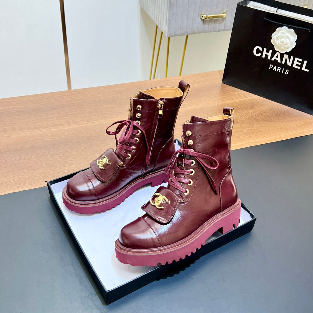 CHANEL 25S HIGH ANKLE BOOTS WITH ZIPPER IN BURGUNDY BROWN CALFSKIN GOLD HARDWARE