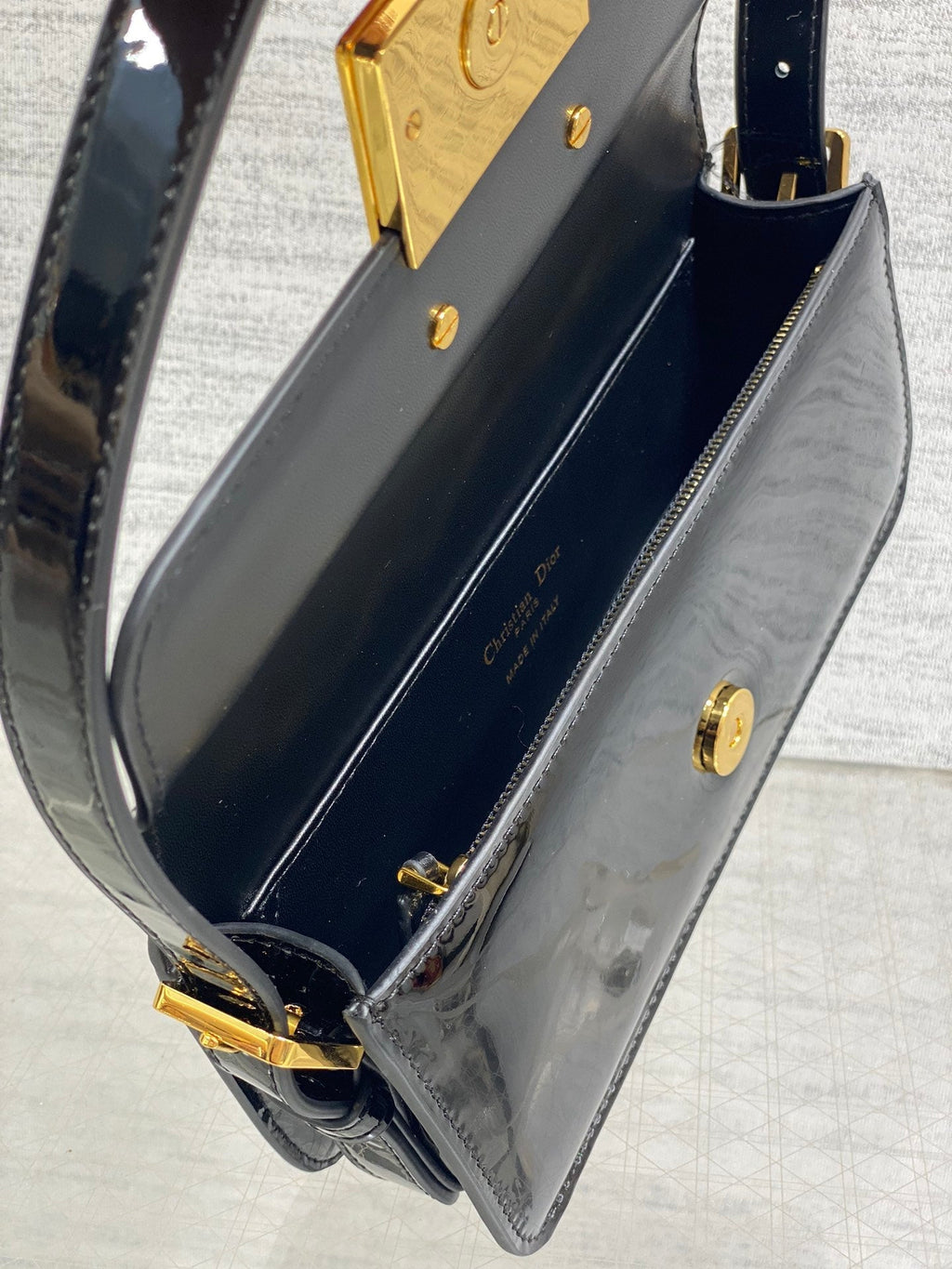 DIOR FLAP BAG 18 IN BLACK PATENT CALFSKIN