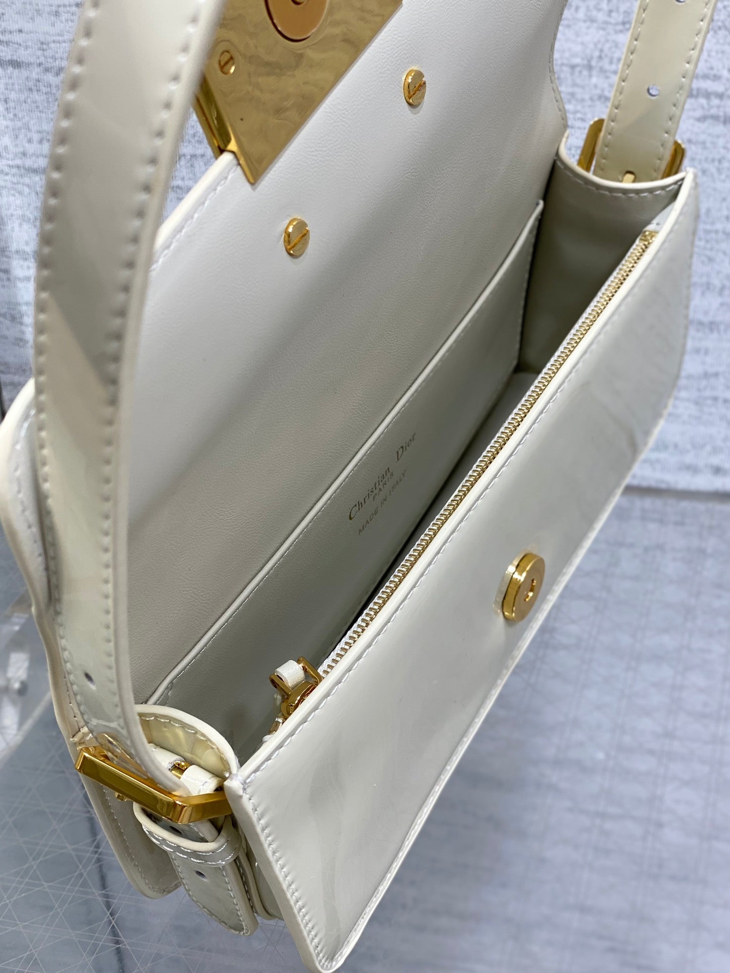 DIOR FLAP BAG 18 IN WHITE PATENT CALFSKIN