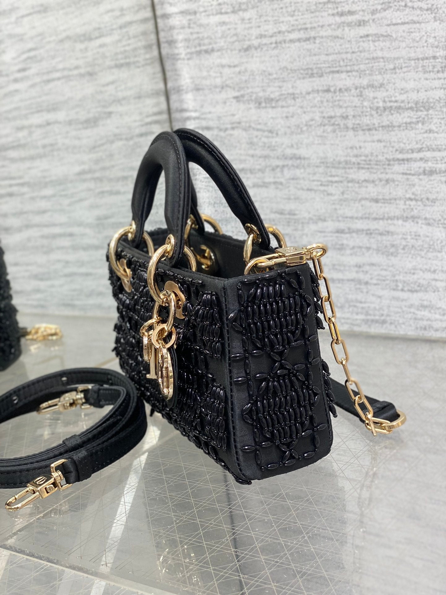 DIOR MINI LADY BAG 16 IN BLACK SATIN AND CALFSKIN WITH BEADED DESIGN