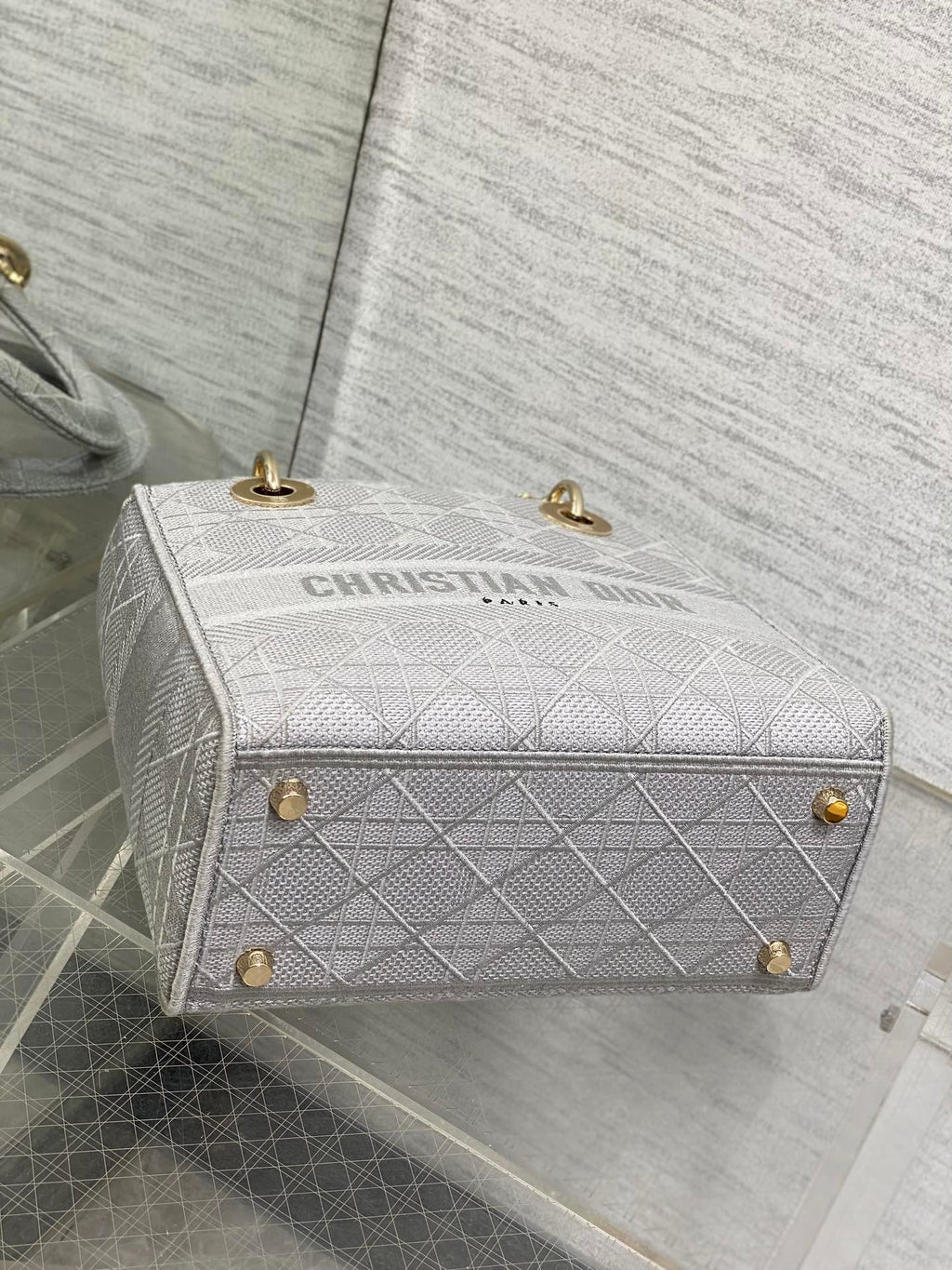 DIOR SMALL 24 LADY BAG IN PALE GRAY CANVAS
