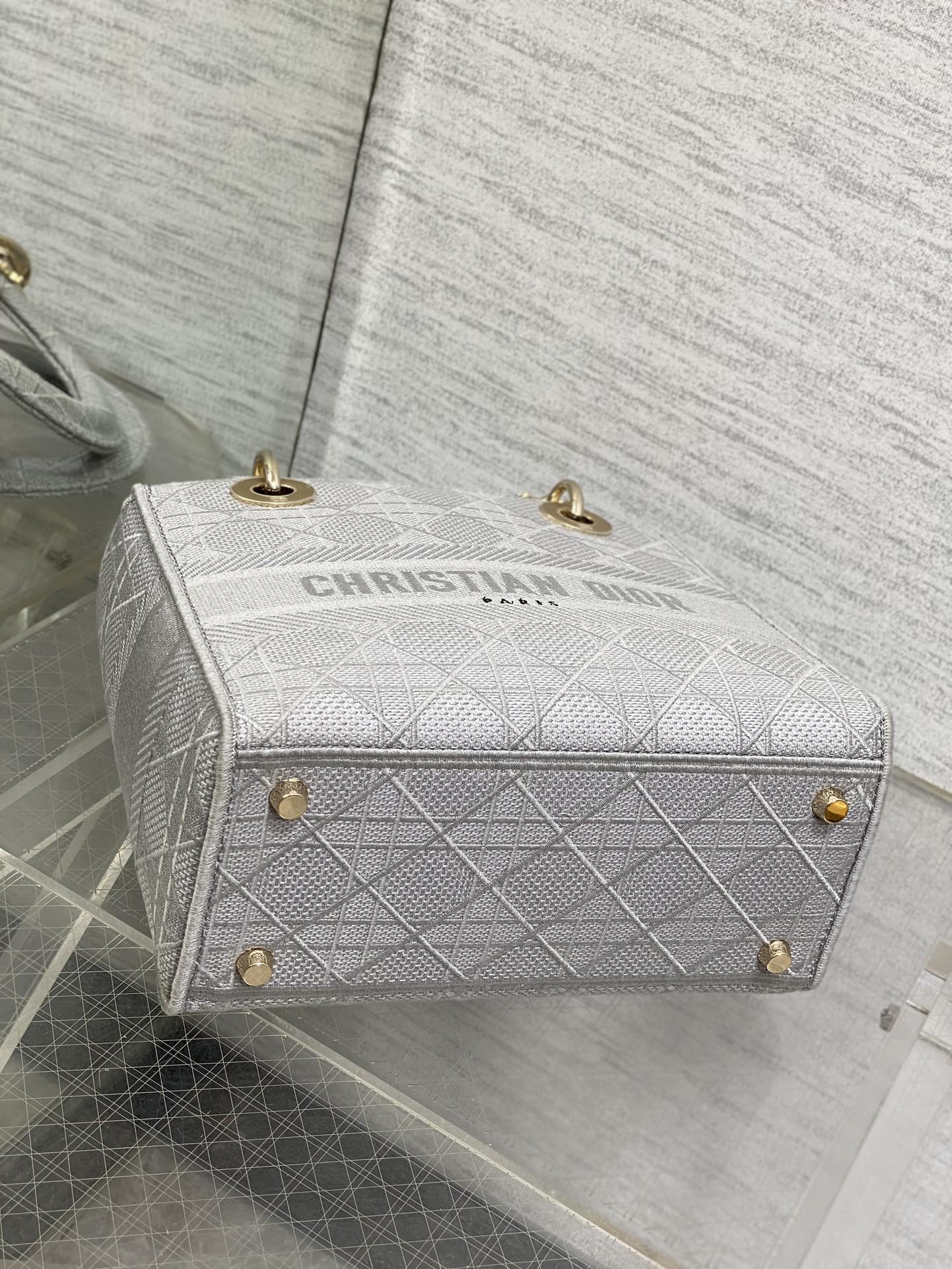 DIOR SMALL 24 LADY BAG IN PALE GRAY CANVAS