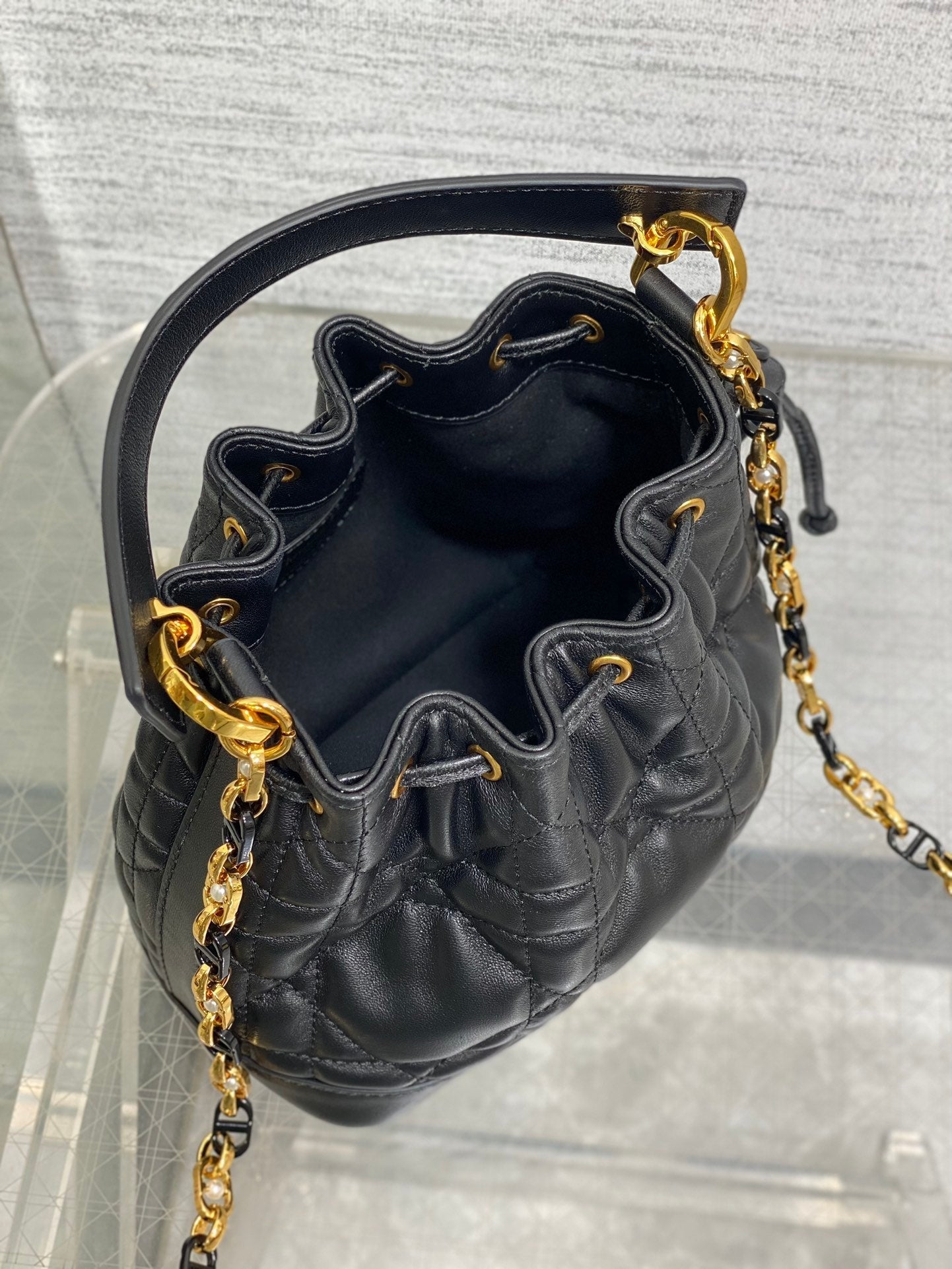 DIOR SMALL 18 JOLIE BUCKET BAG BLACK MACROCANNAGE LAMBSKIN