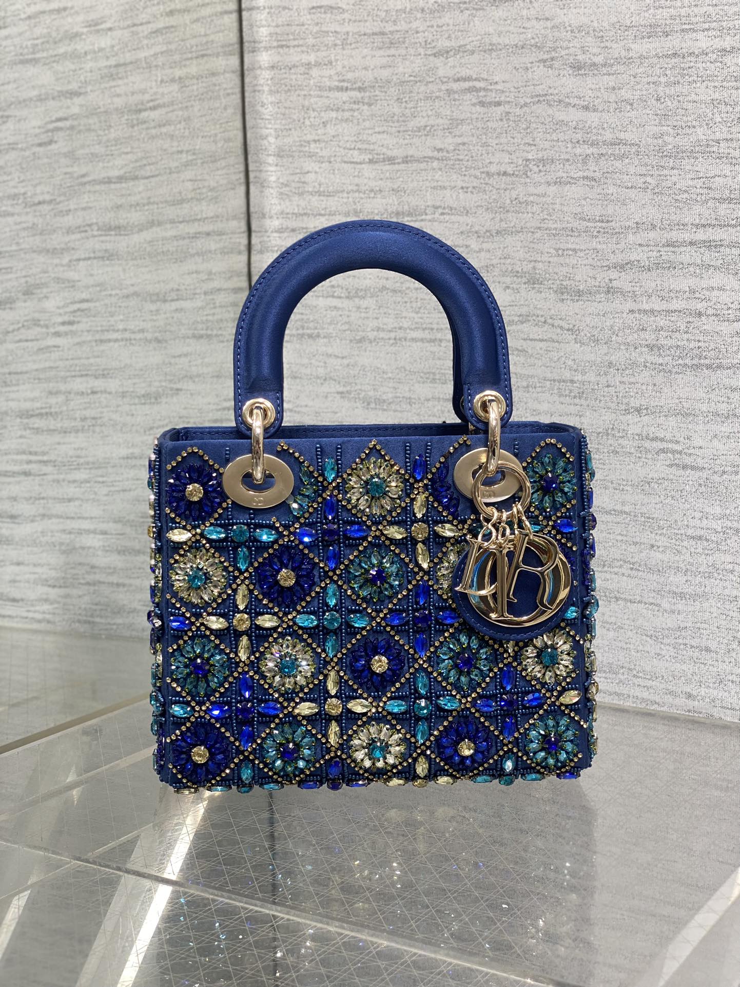 DIOR MINI 20 LADY BAG IN COBALT BLUE SATIN WITH COLORFUL EMBROIDERED BEADWORK
