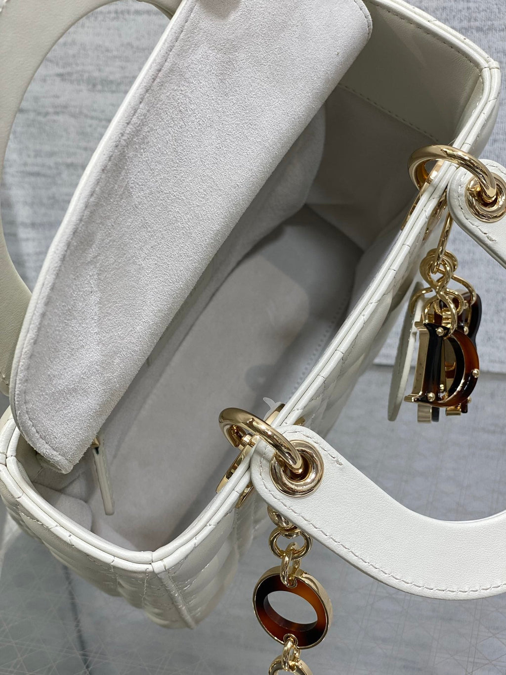 DIOR SMALL 20 LADY BAG IN WHITE MACROCANNAGE LAMBSKIN WITH GOLD HARDWARE