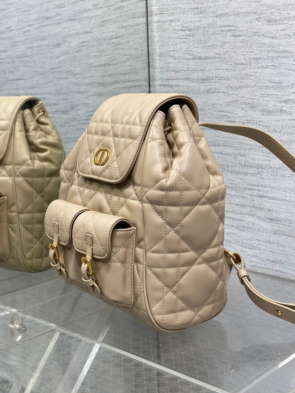 DIOR SMALL 23 CARO BACKPACK IN ALMOND BEIGE MACROCANNAGE LAMBSKIN