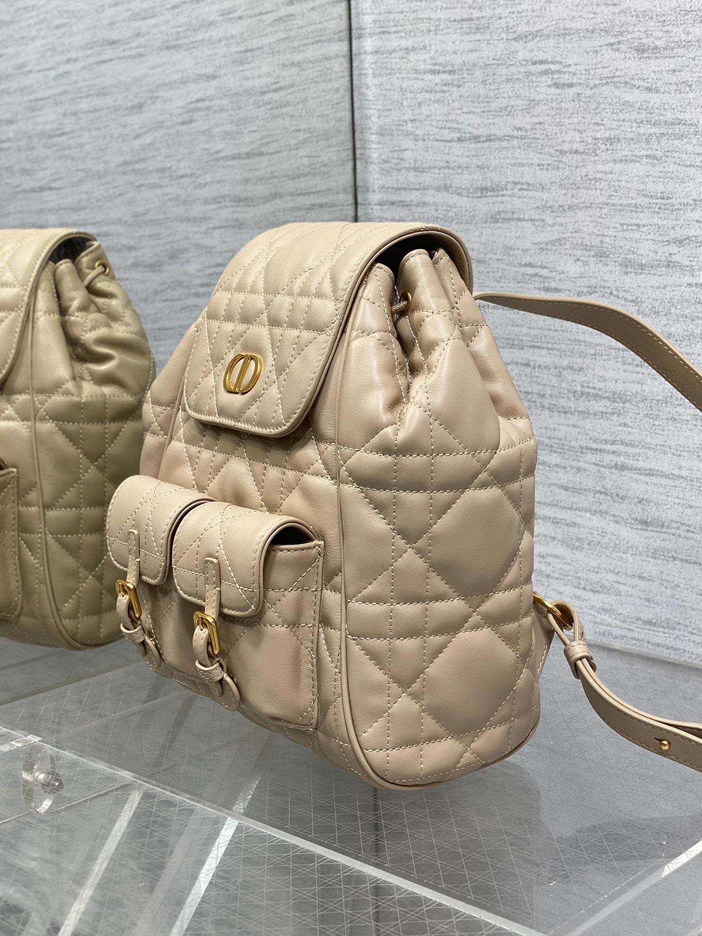 DIOR SMALL 23 CARO BACKPACK IN ALMOND BEIGE MACROCANNAGE LAMBSKIN