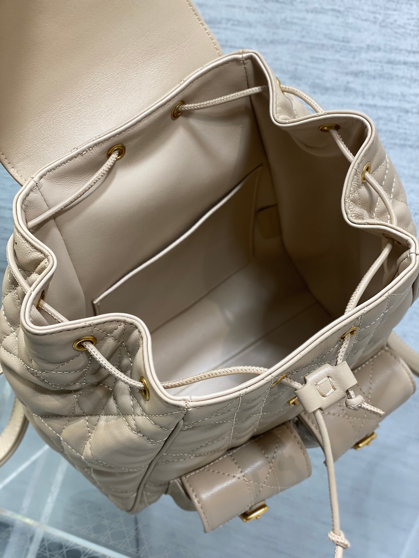 DIOR SMALL 23 CARO BACKPACK IN ALMOND BEIGE MACROCANNAGE LAMBSKIN