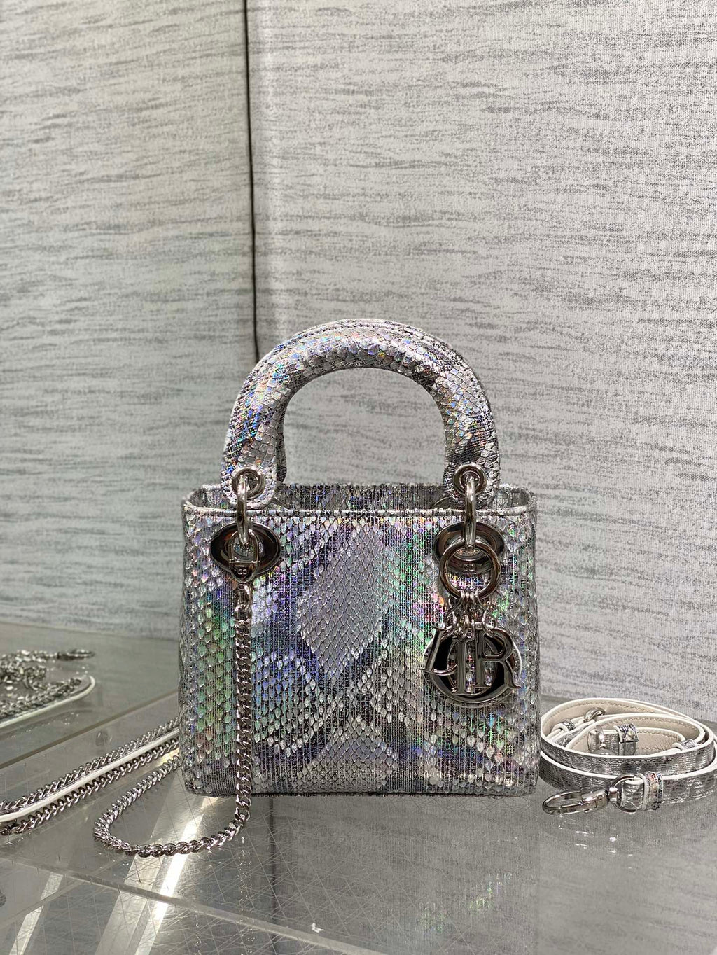 DIOR MINI 17 LADY BAG IN SILVER SNAKESKIN PATTERN LAMBSKIN