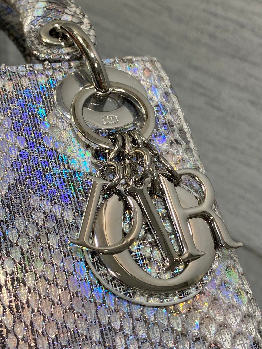 DIOR MINI 17 LADY BAG IN SILVER SNAKESKIN PATTERN LAMBSKIN