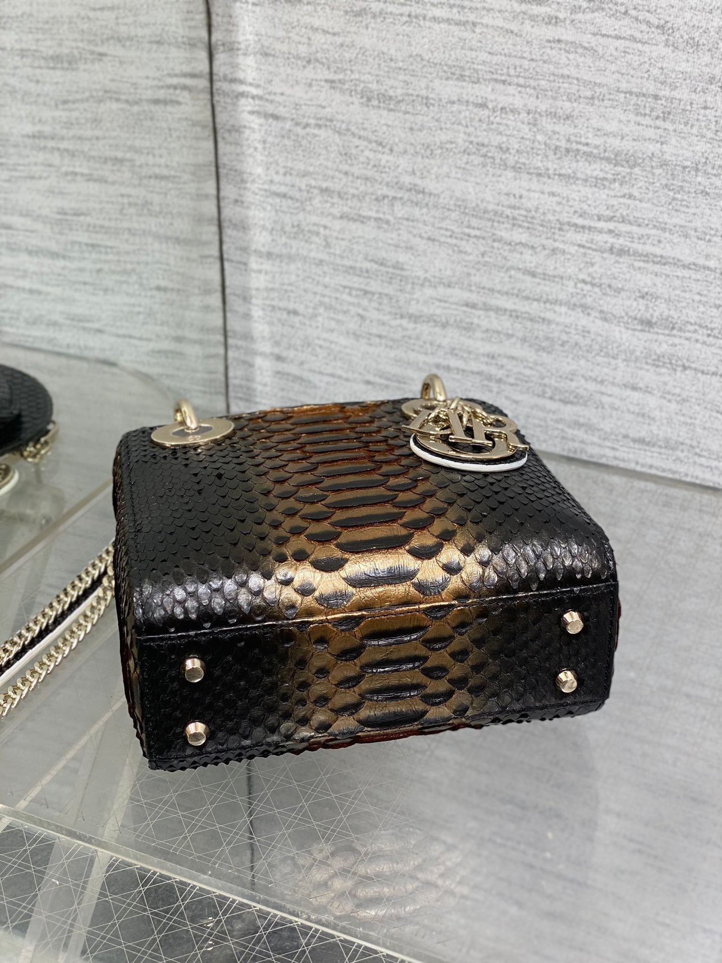DIOR MINI 17 LADY BAG IN BLACK MIX COFFEE BROWN SNAKESKIN PATTERN LAMBSKIN