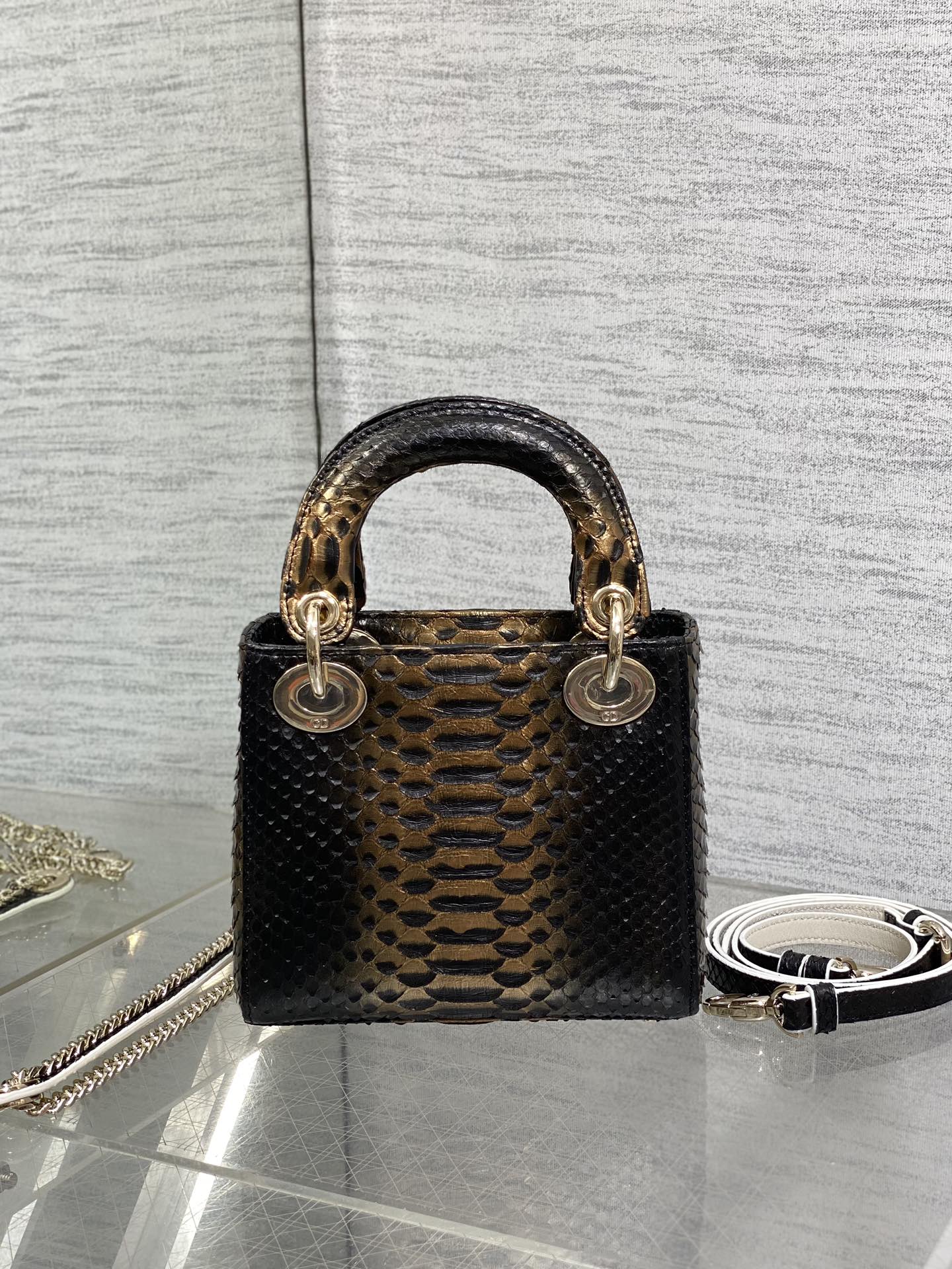 DIOR MINI 17 LADY BAG IN BLACK MIX COFFEE BROWN SNAKESKIN PATTERN LAMBSKIN