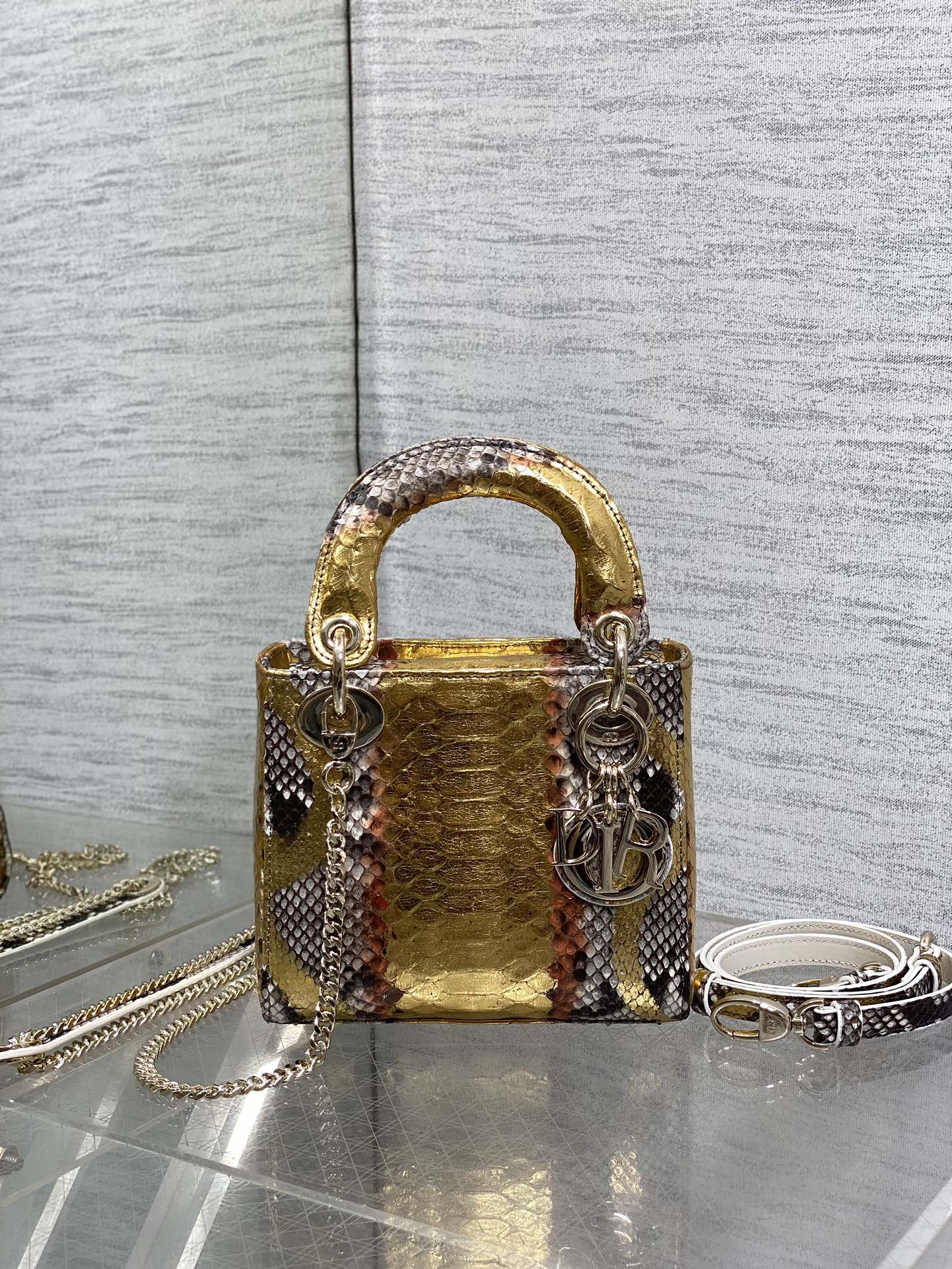 DIOR MINI 17 LADY BAG IN GOLDEN SNAKESKIN PATTERN LAMBSKIN