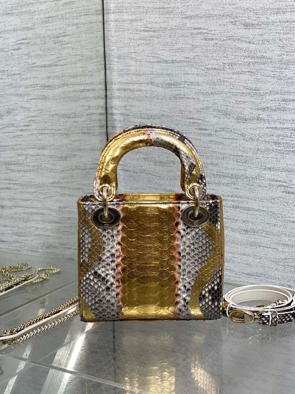 DIOR MINI 17 LADY BAG IN GOLDEN SNAKESKIN PATTERN LAMBSKIN
