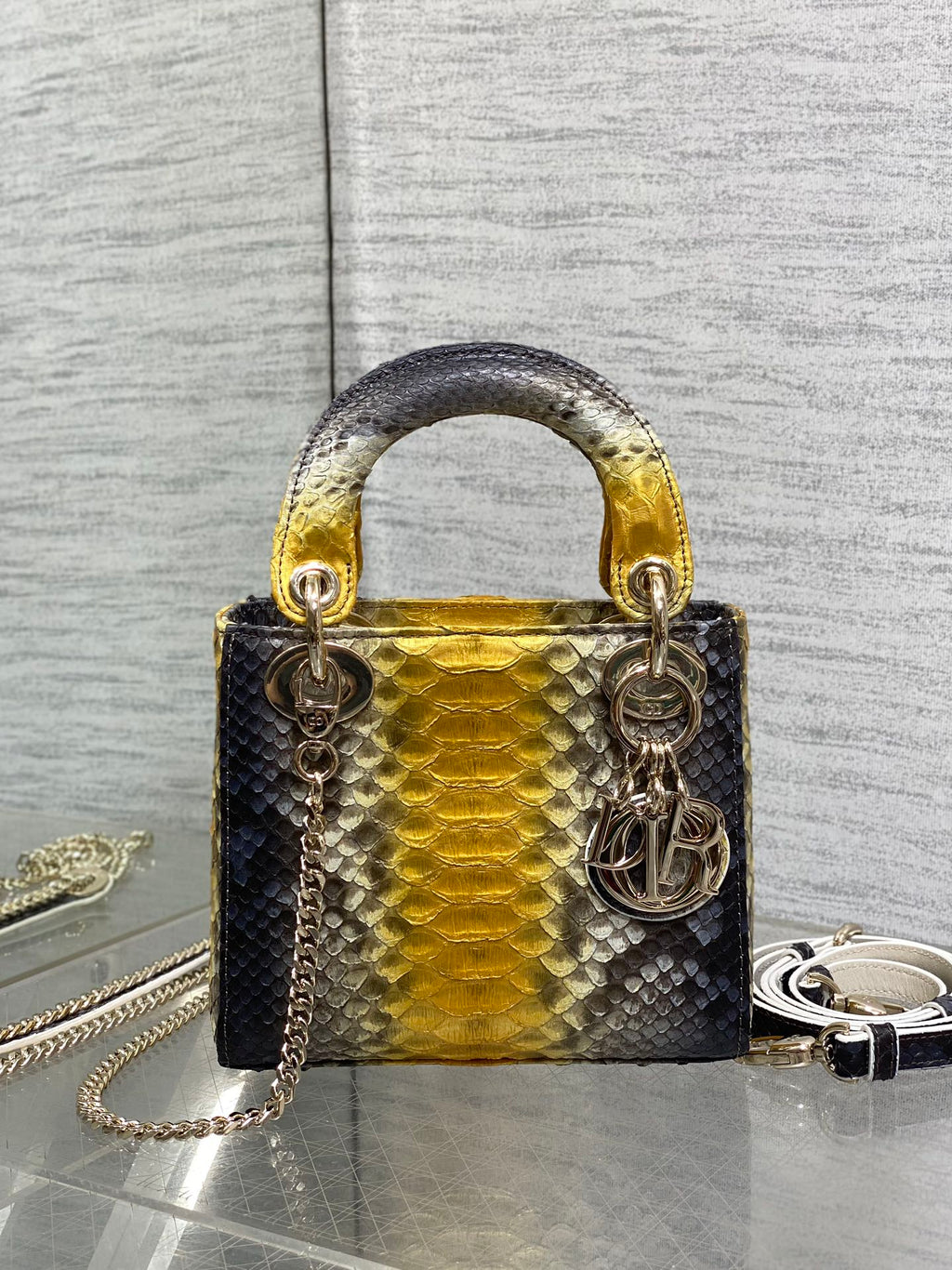DIOR MINI 17 LADY BAG IN SUN FLOWER MIX BLACK SNAKESKIN PATTERN LAMBSKIN