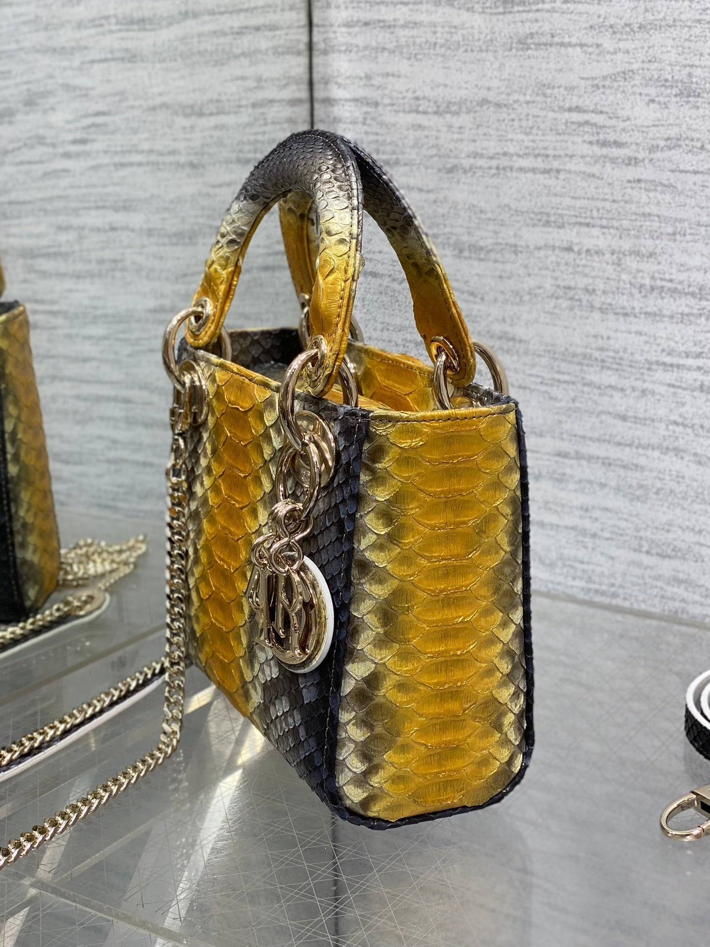 DIOR MINI 17 LADY BAG IN SUN FLOWER MIX BLACK SNAKESKIN PATTERN LAMBSKIN