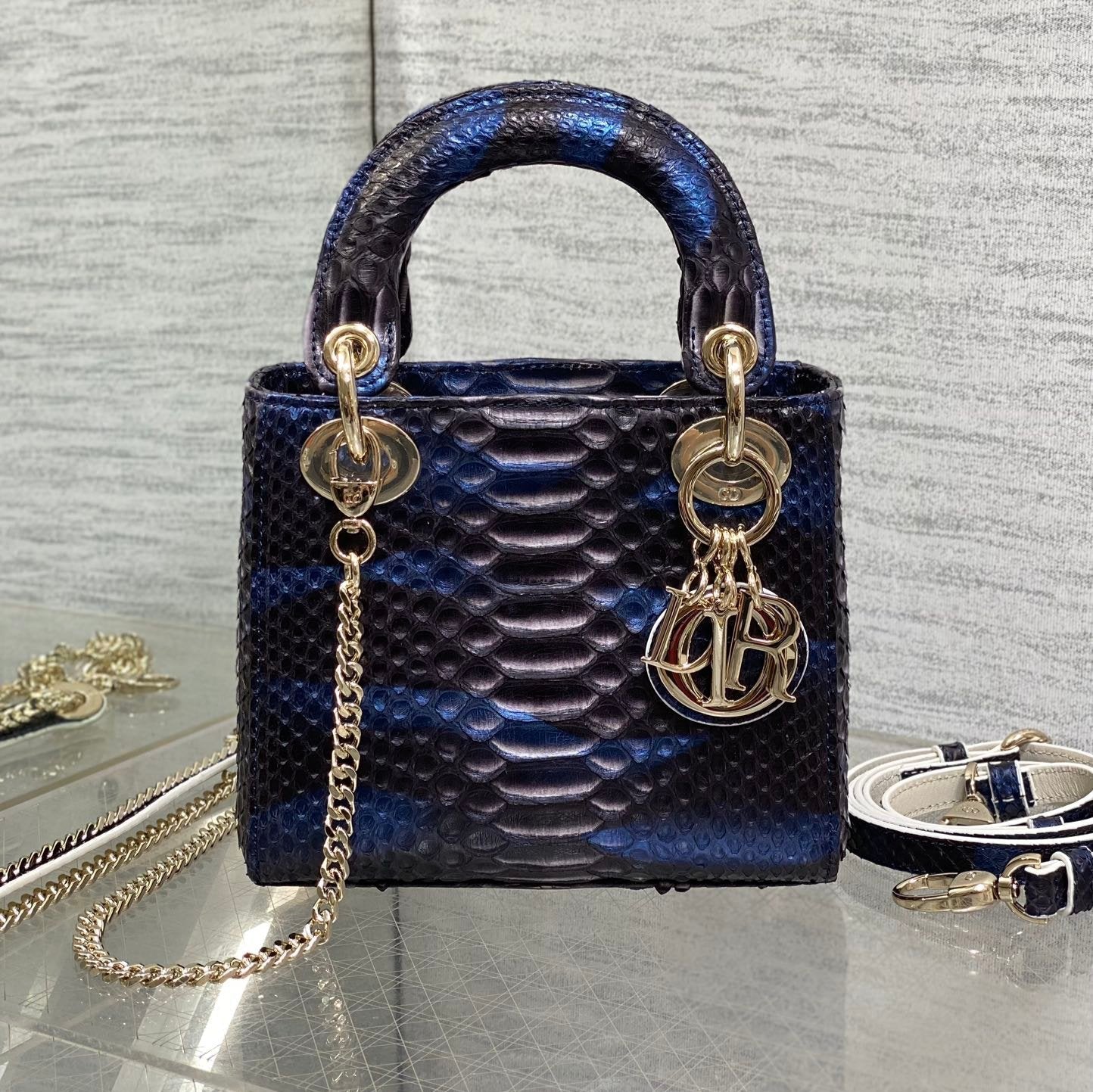 DIOR MINI 17 LADY BAG IN NAVY BLUE MIX BLACK SNAKESKIN PATTERN LAMBSKIN