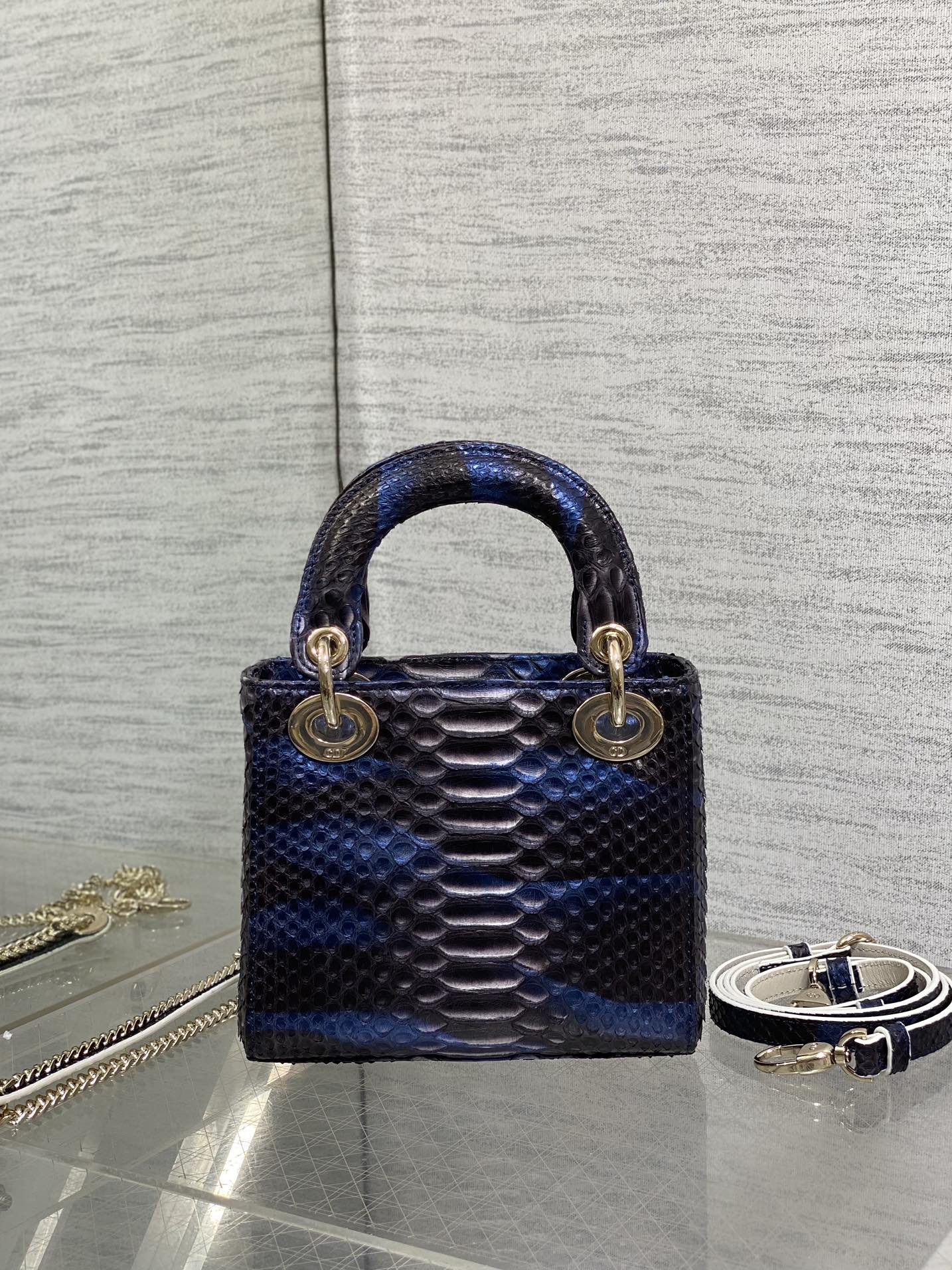 DIOR MINI 17 LADY BAG IN NAVY BLUE MIX BLACK SNAKESKIN PATTERN LAMBSKIN