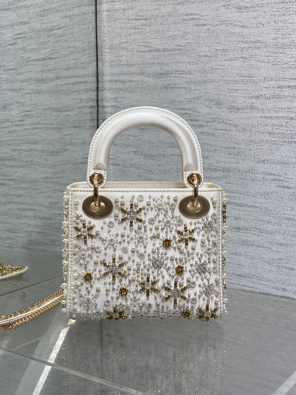 DIOR MINI 17 LADY BAG IN WHITE SATIN EMBROIDERED WITH BEADS