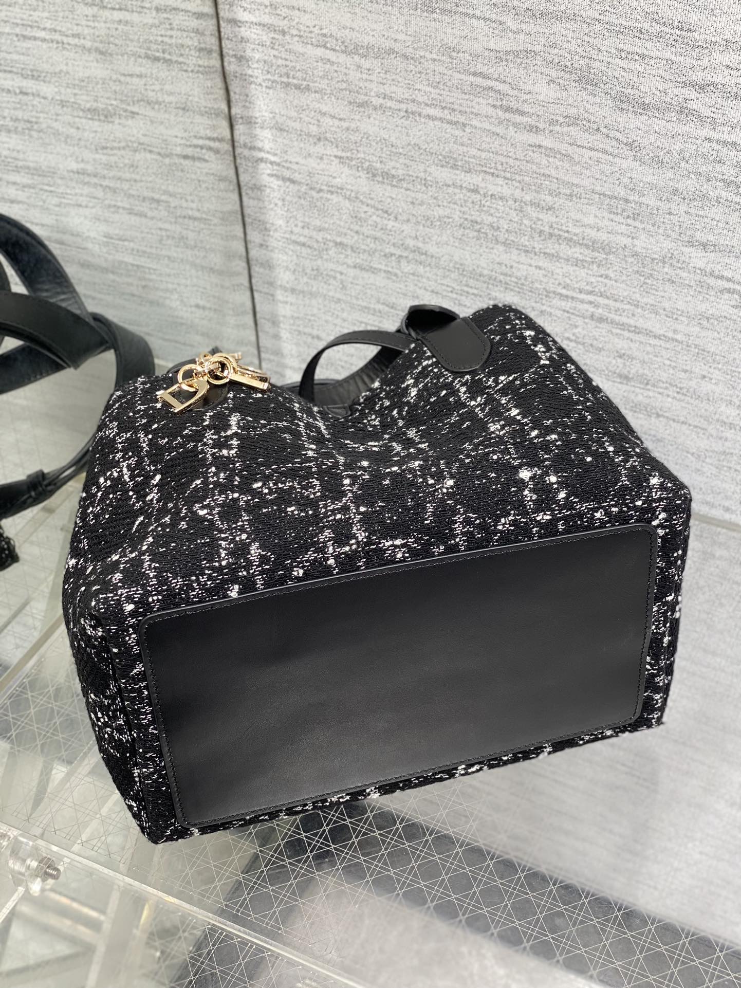 DIOR MINI 23 TOUJOURS BAG IN BLACK MIX WHITE CANNAGE TWEED WITH GOLD HARDWARE