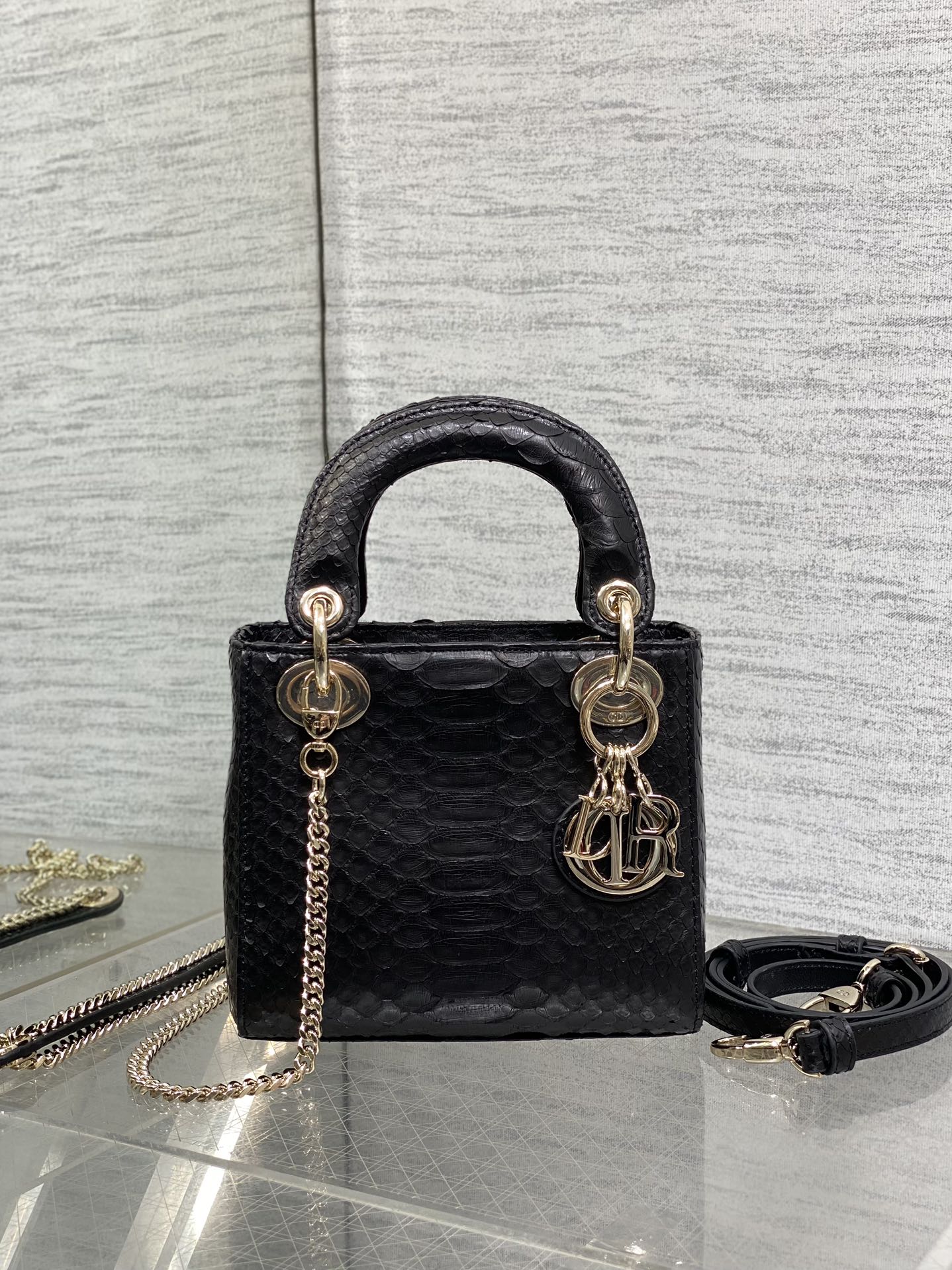 DIOR MINI 17 LADY BAG IN BLACK SNAKESKIN PATTERN LAMBSKIN