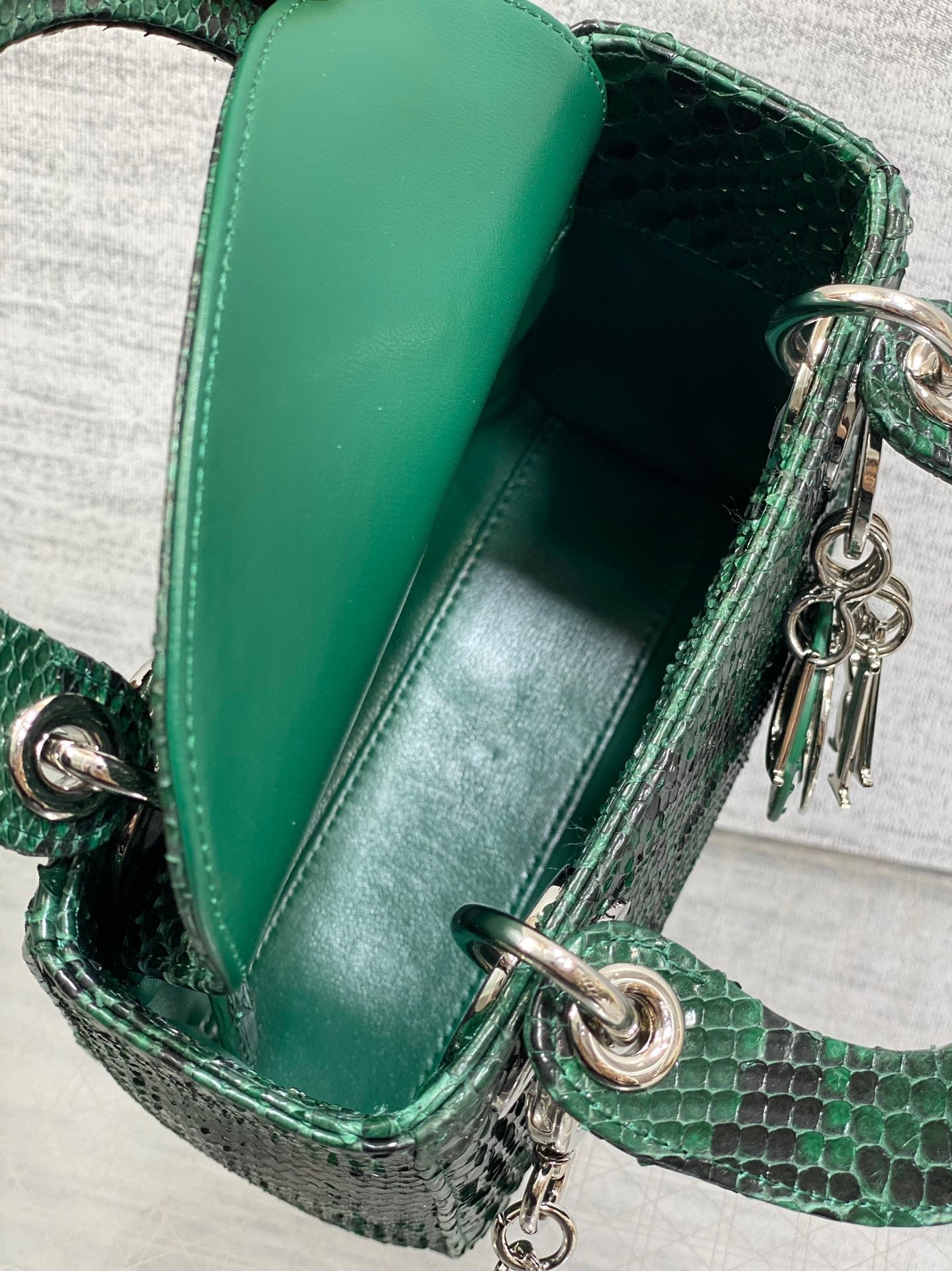 DIOR MINI 17 LADY BAG IN GREEN FOREST MIX BLACK SNAKESKIN PATTERN LAMBSKIN