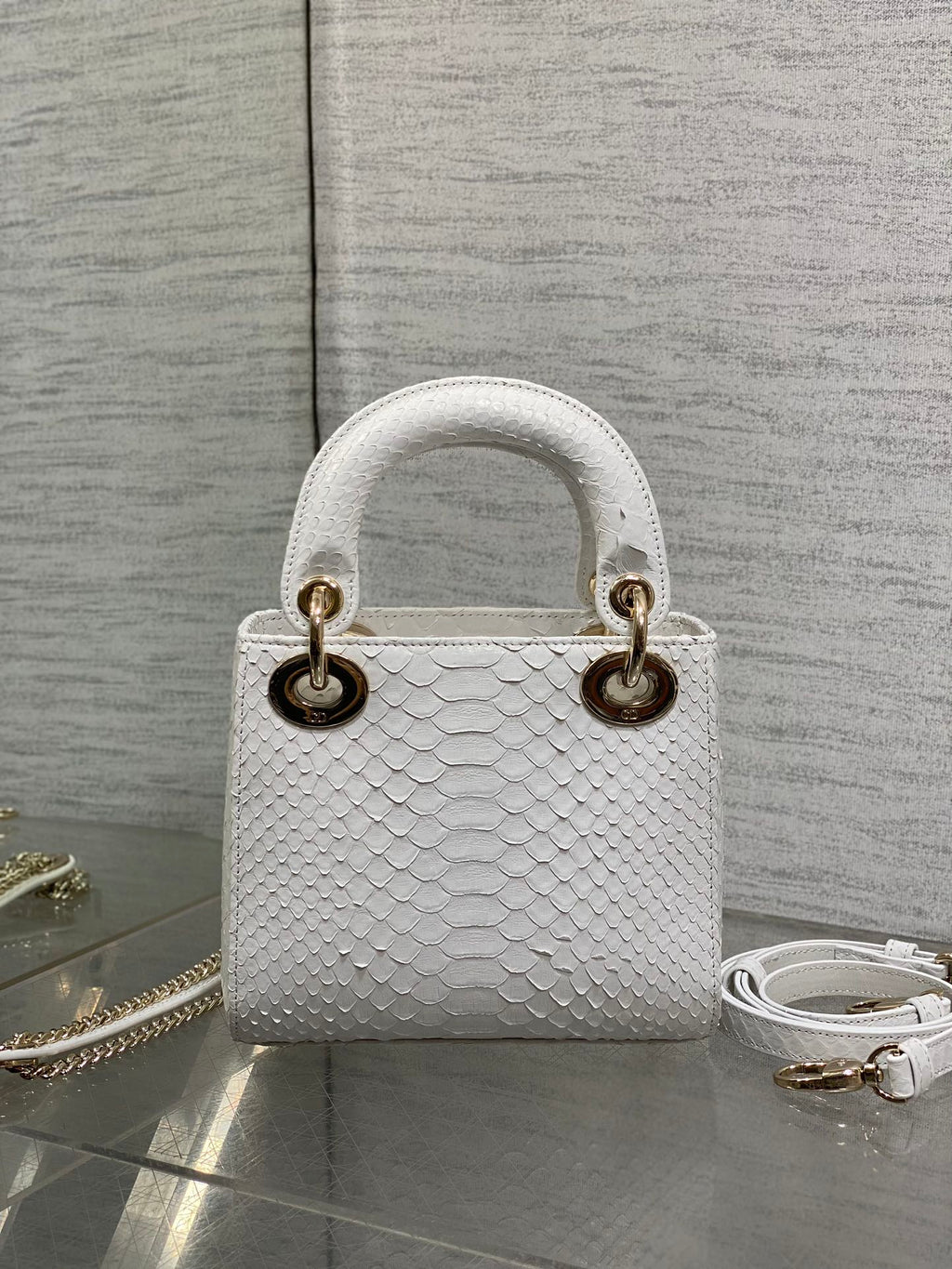 DIOR MINI 17 LADY BAG IN WHITE SNAKESKIN PATTERN LAMBSKIN