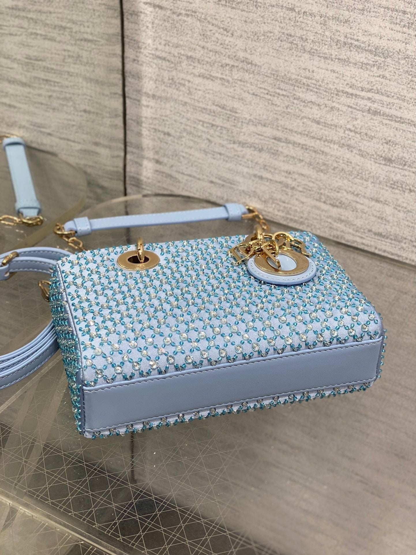 DIOR SMALL 16 LADY D-JOY BAG  IN POWDER BLUE CANNAGE LAMBSKIN WITH EMBROIDERED BEADWORK  BEADWORK
