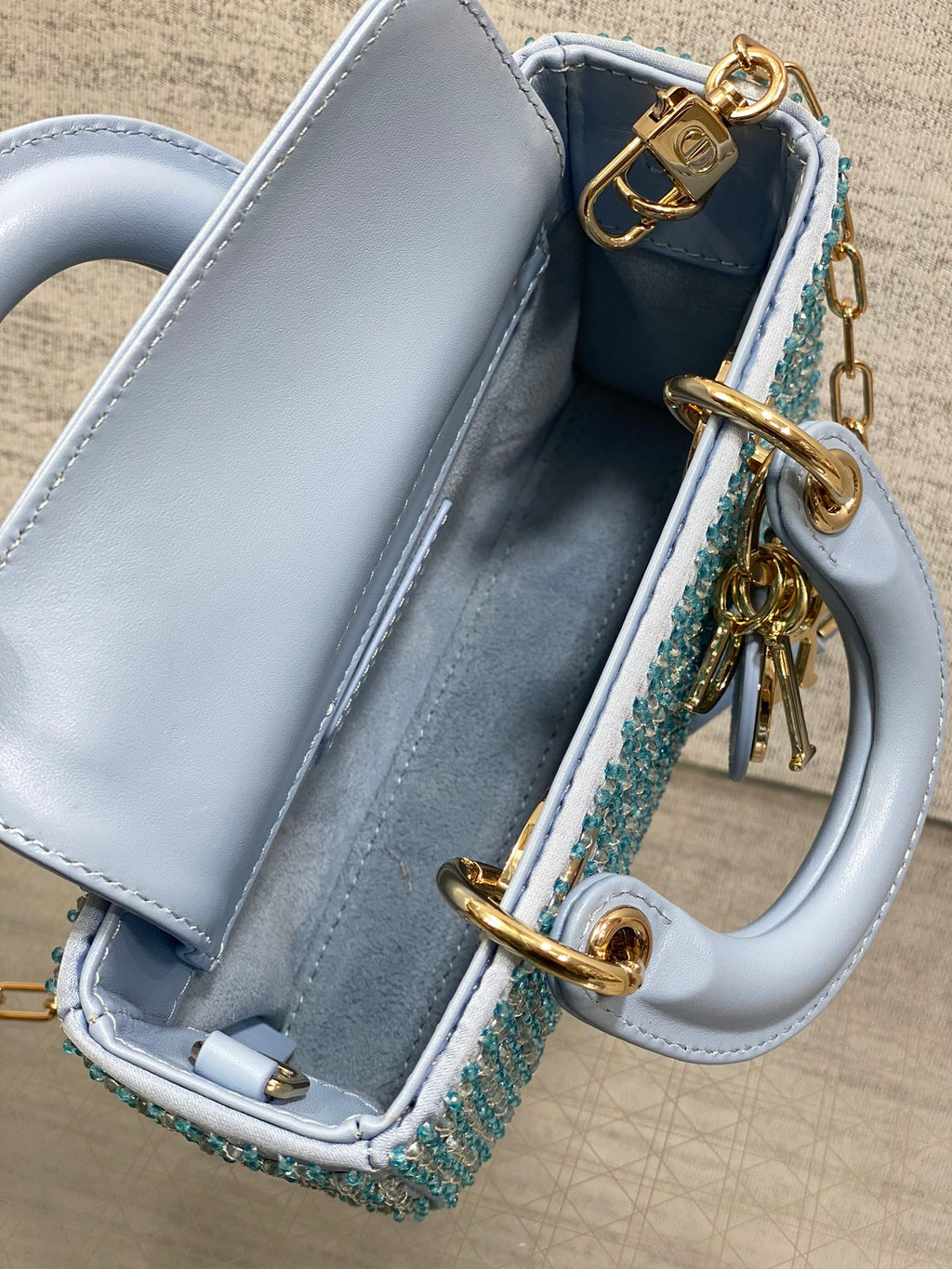 DIOR SMALL 16 LADY D-JOY BAG  IN POWDER BLUE CANNAGE LAMBSKIN WITH EMBROIDERED BEADWORK  BEADWORK