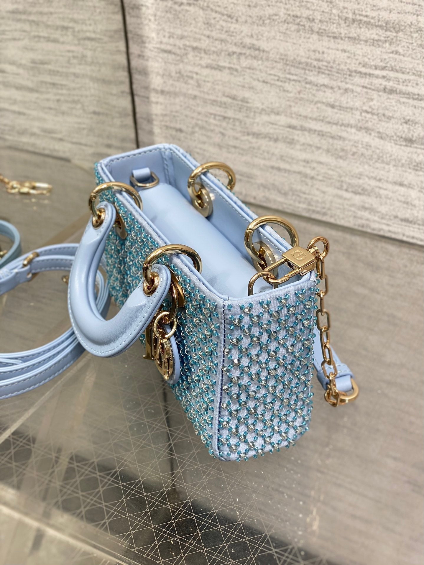 DIOR SMALL 16 LADY D-JOY BAG  IN POWDER BLUE CANNAGE LAMBSKIN WITH EMBROIDERED BEADWORK  BEADWORK