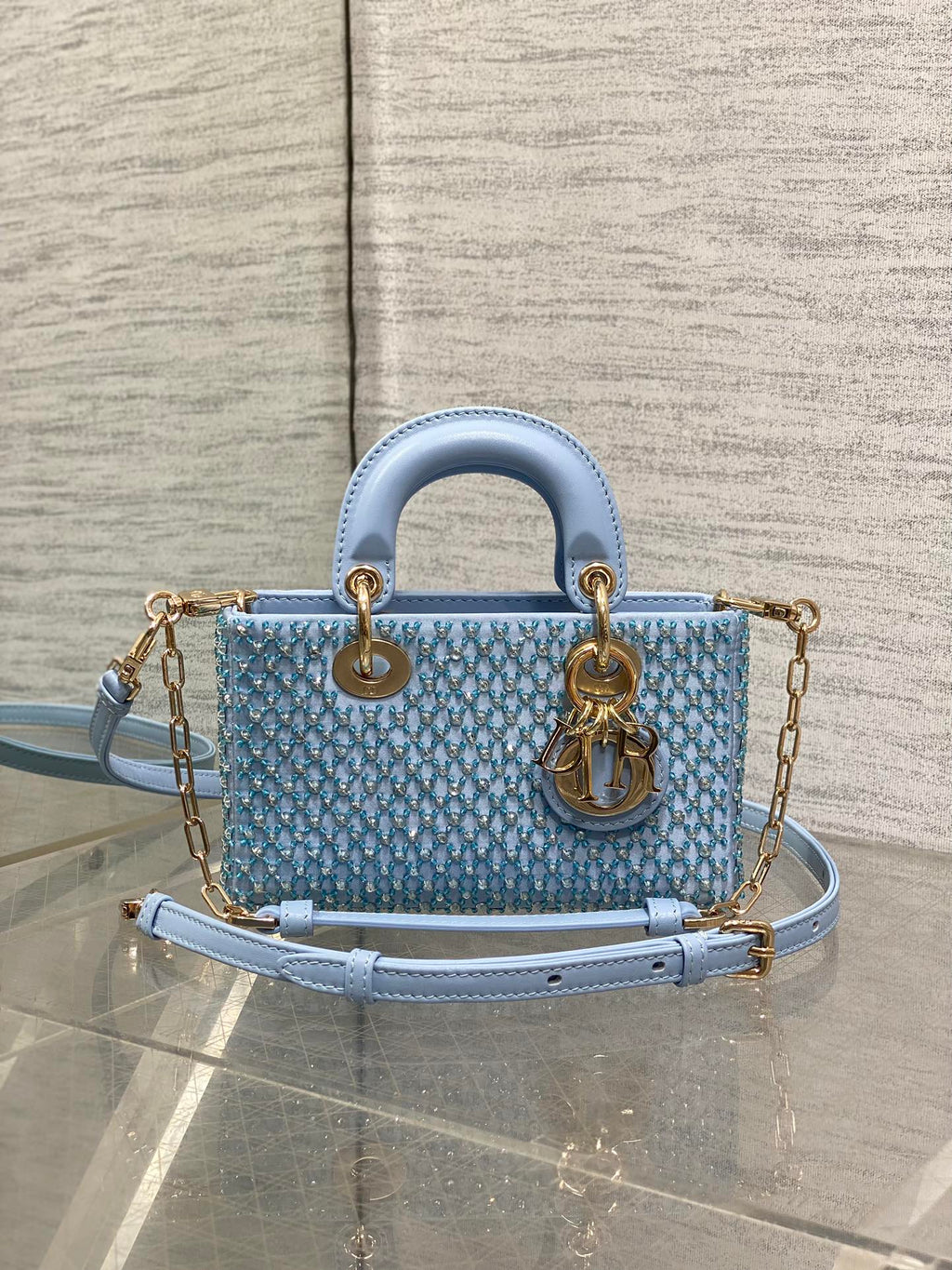 DIOR SMALL 16 LADY D-JOY BAG  IN POWDER BLUE CANNAGE LAMBSKIN WITH EMBROIDERED BEADWORK  BEADWORK