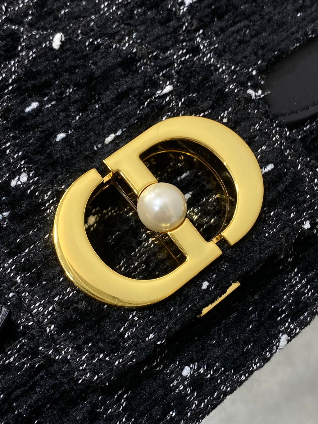 DIOR SMALL 22 JOLIE TOP HANDLE BAG IN BLACK MIX WHITE CANNAGE TWEED