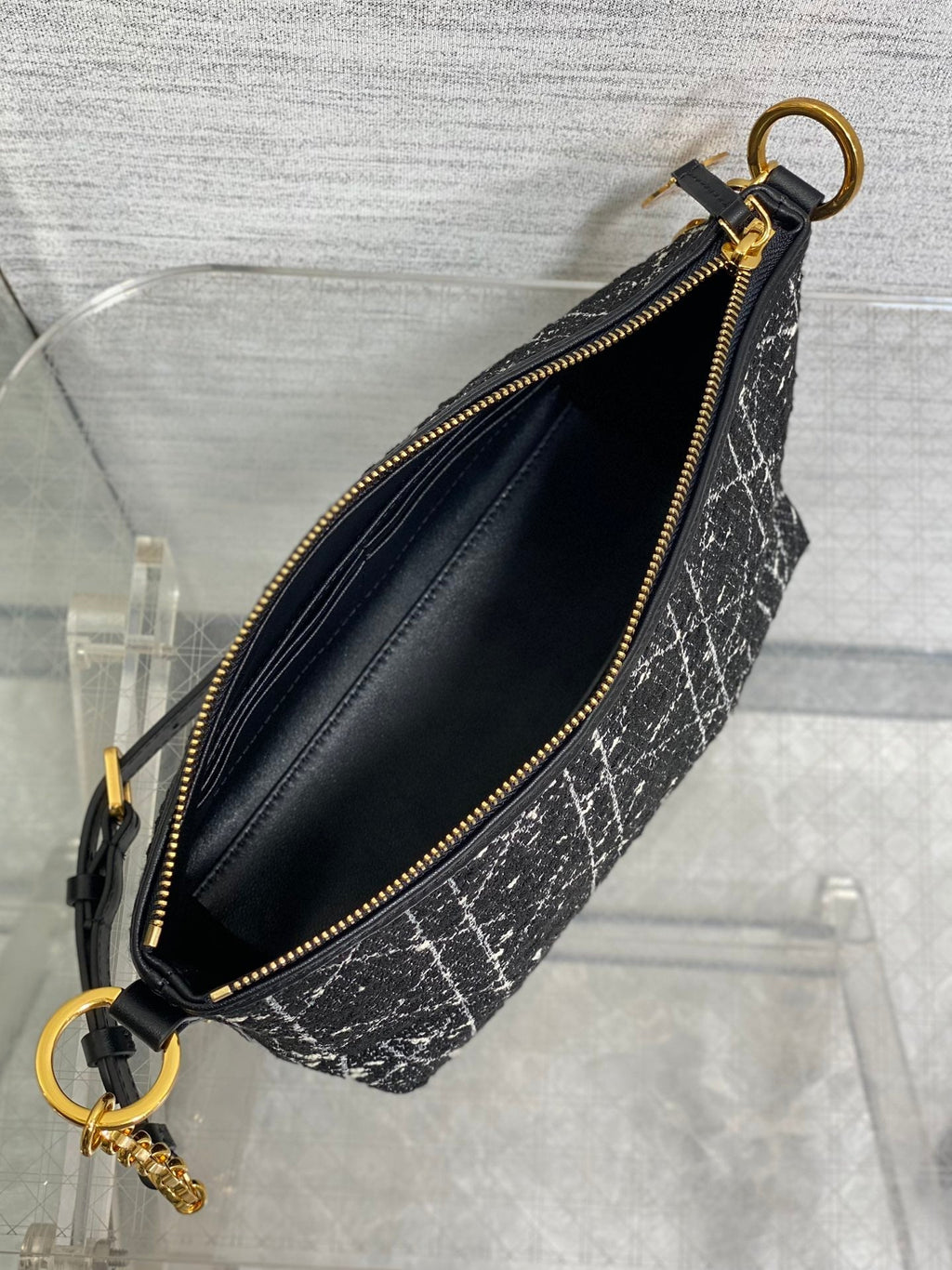 DIOR STAR HOBO 28 BAG WITH CHAIN BLACK MIX WHITE CANNAGE TWEED WITH GOLD HARDWARE