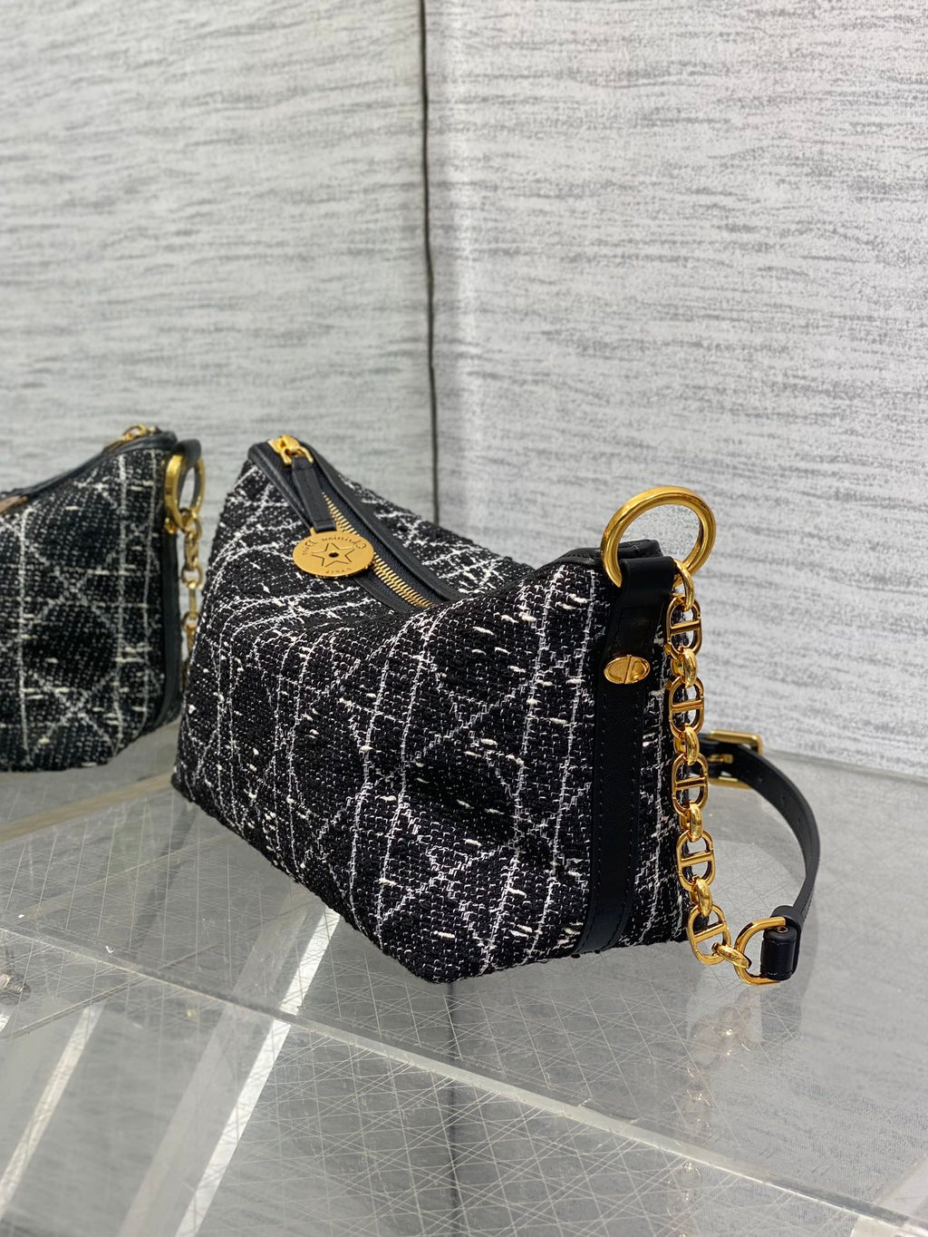 DIOR STAR HOBO 28 BAG WITH CHAIN BLACK MIX WHITE CANNAGE TWEED WITH GOLD HARDWARE